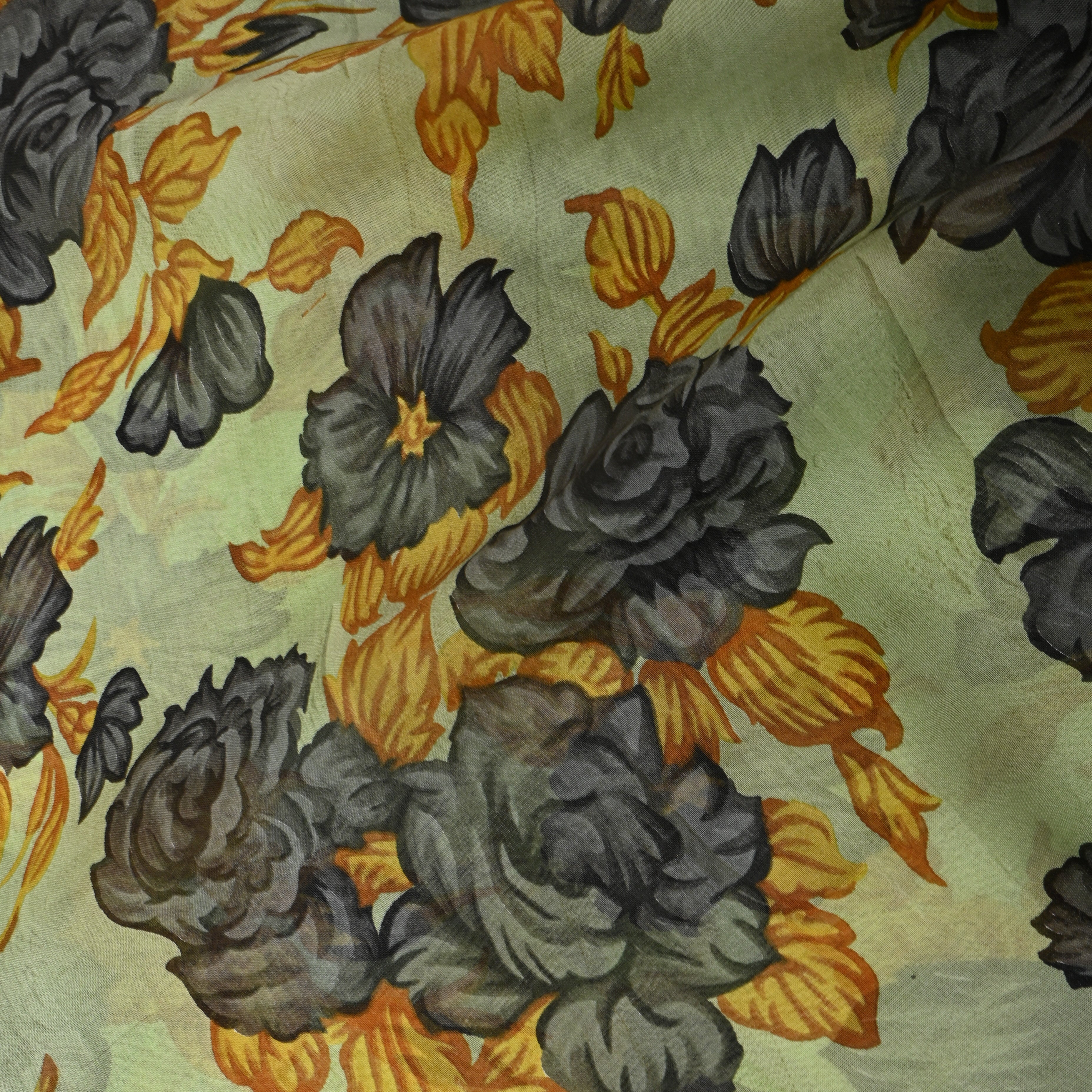 Light Sage Green Chiffon Printed Fabric With Charcoal Grey Floral Design