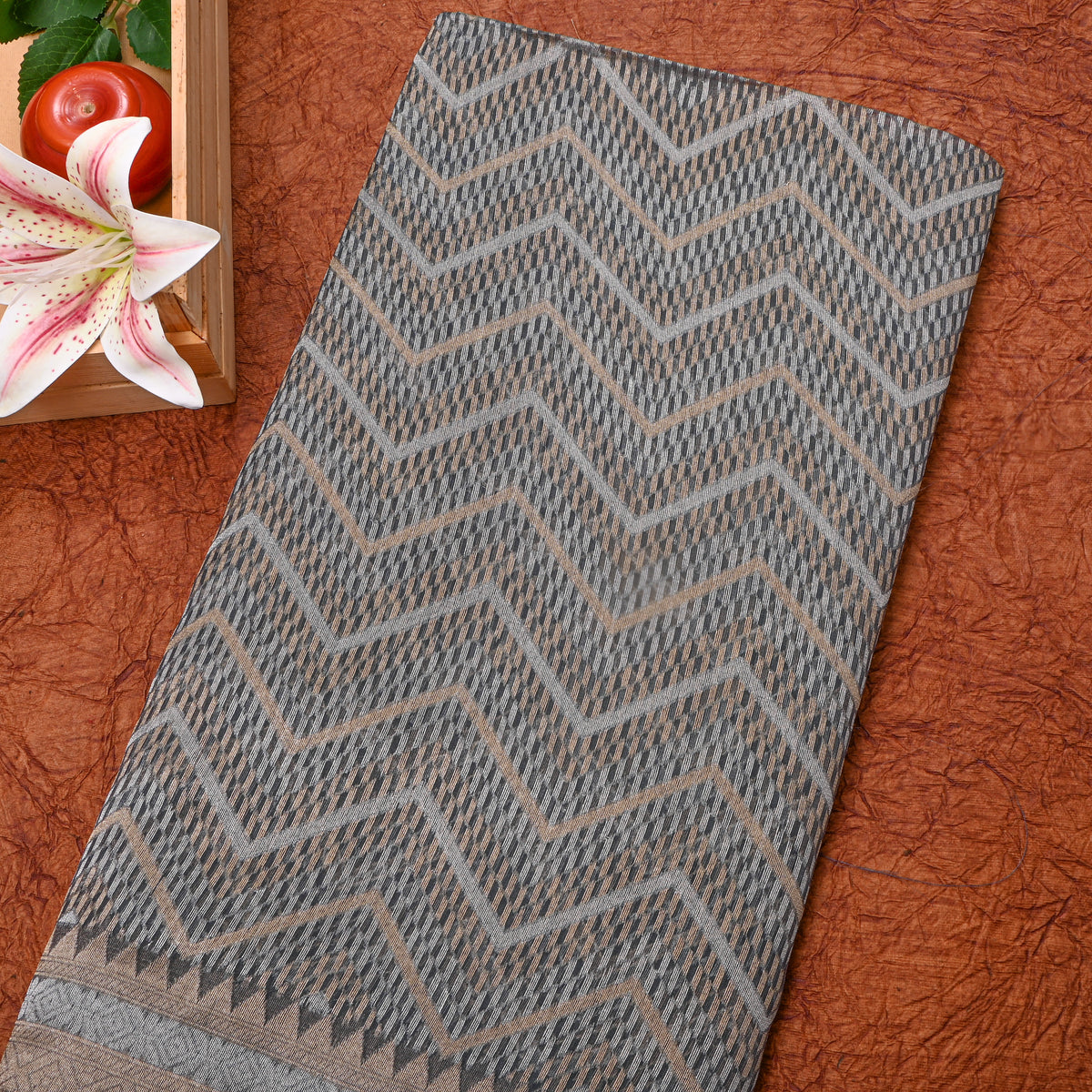 Charcoal Gray Zigzag Weave Banarasi Silk Fabric
