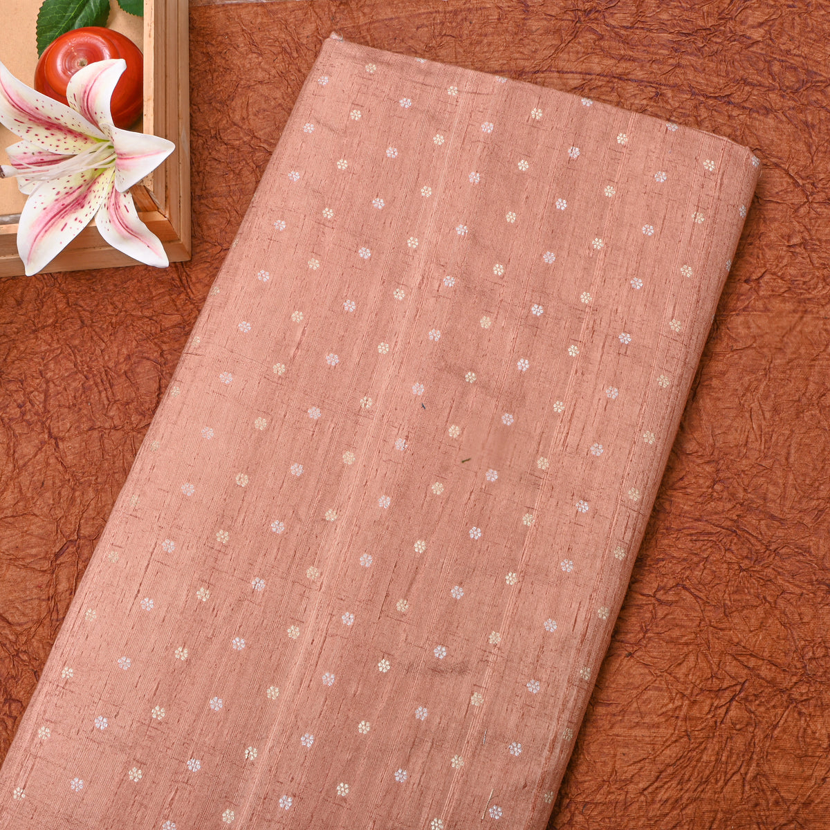 Pink Rose Gold Silver Zari Floral Butti Jamawar Silk Fabric