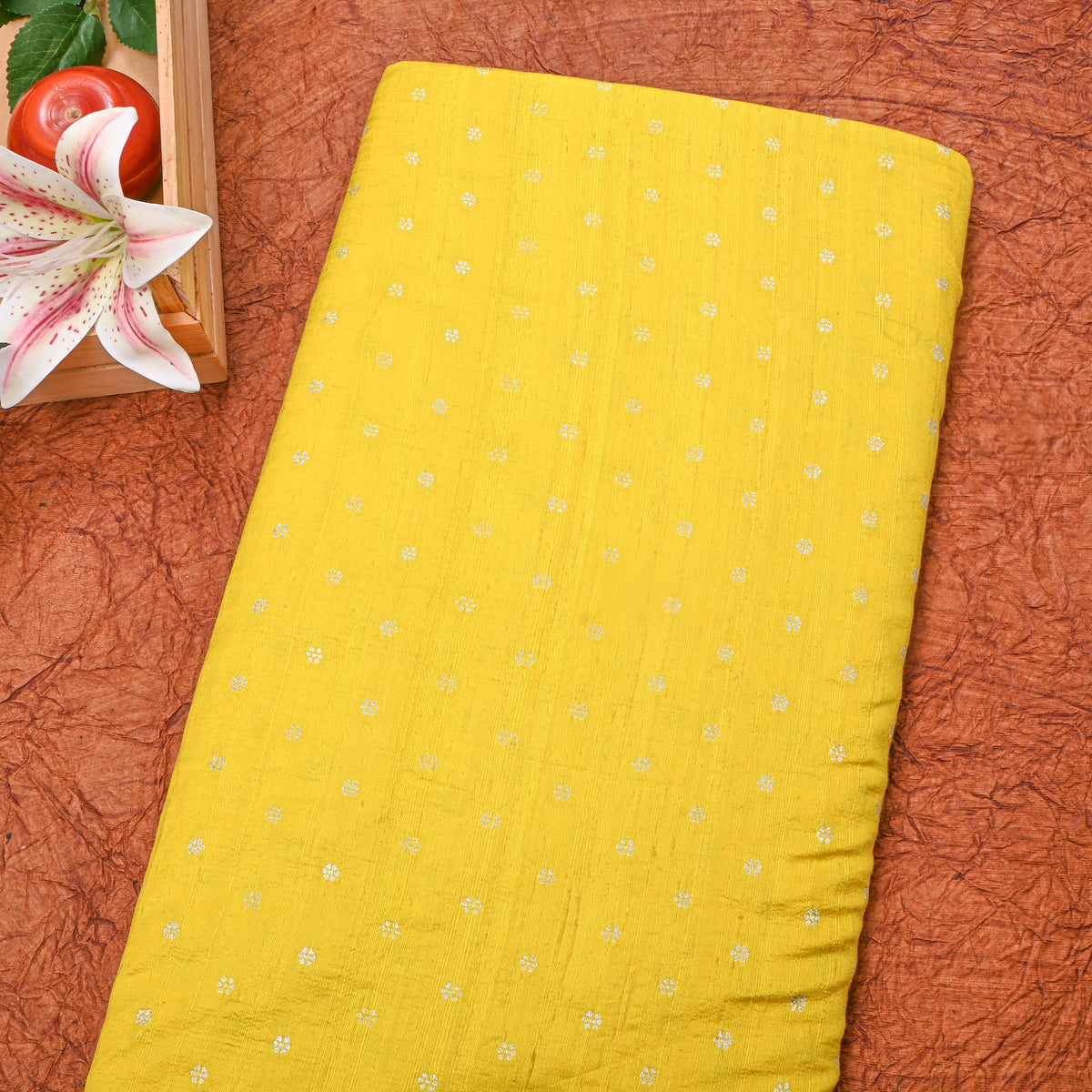 Lemon Yellow Silver Zari Floral Butti Jamawar Silk Fabric