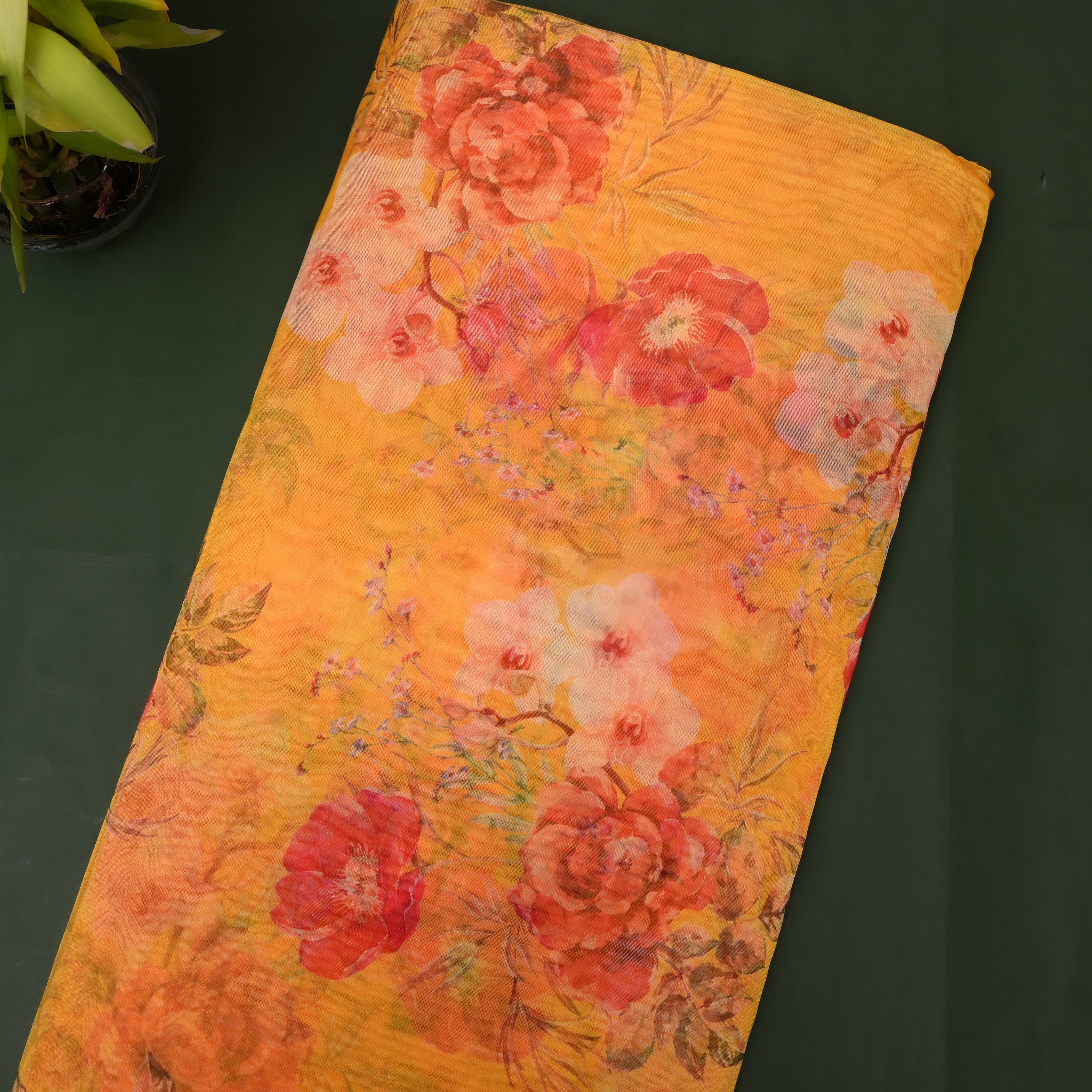Amber Gold Rose Print Organza Fabric