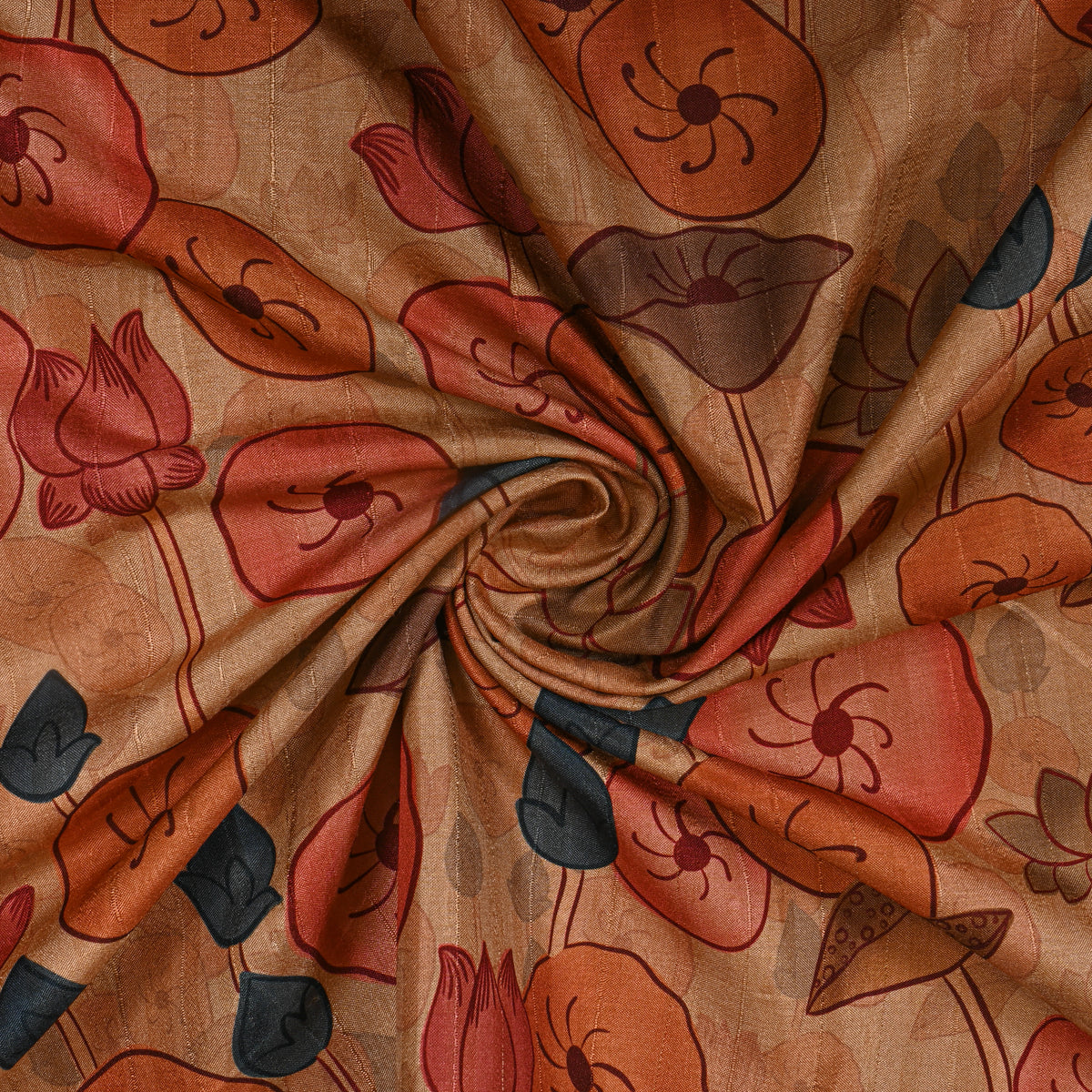 Camel Beige Lotus Pond Kalamkari Pen Print Dupion Silk Fabric
