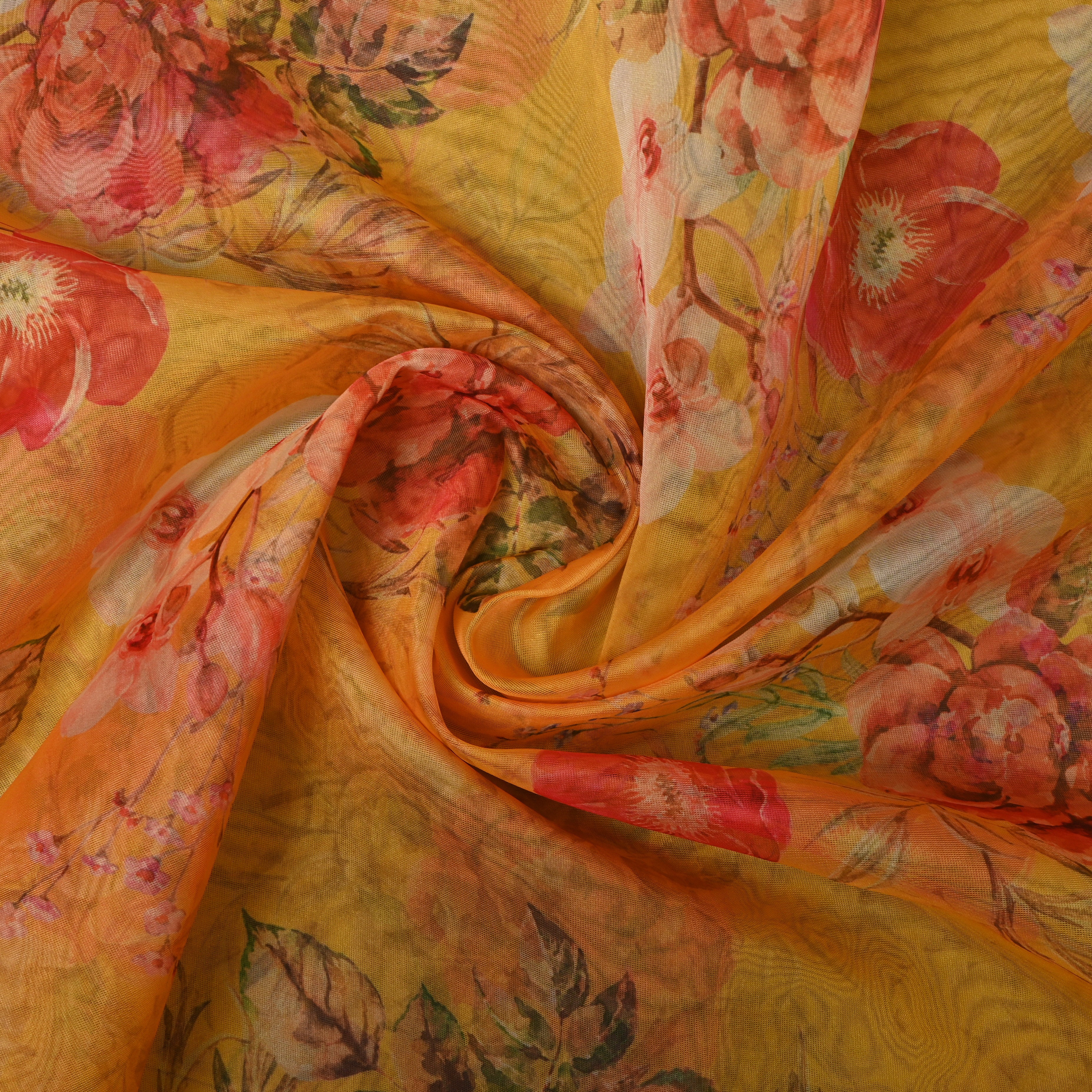 Amber Gold Rose Print Organza Fabric