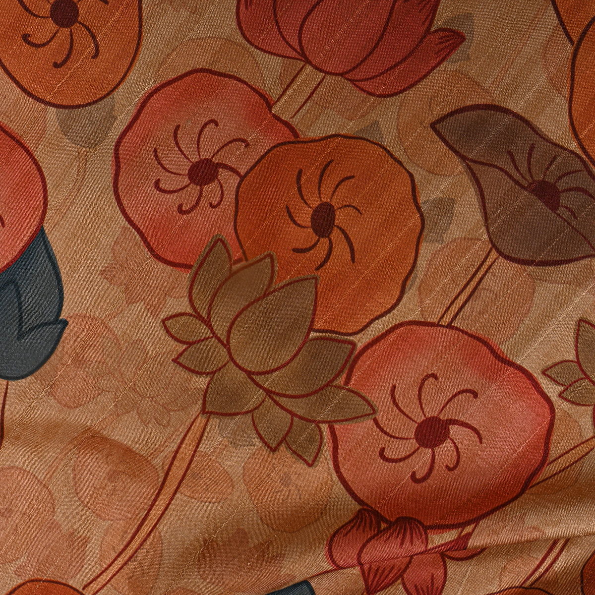 Camel Beige Lotus Pond Kalamkari Pen Print Dupion Silk Fabric