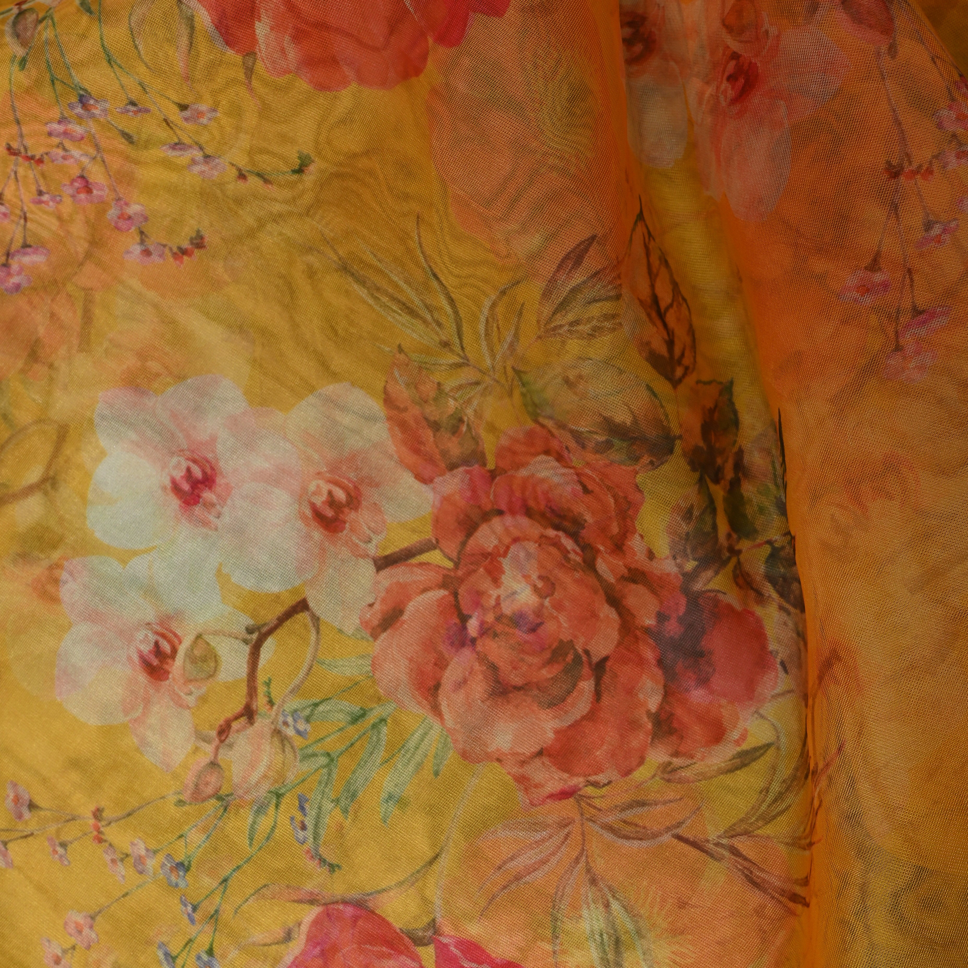 Amber Gold Rose Print Organza Fabric
