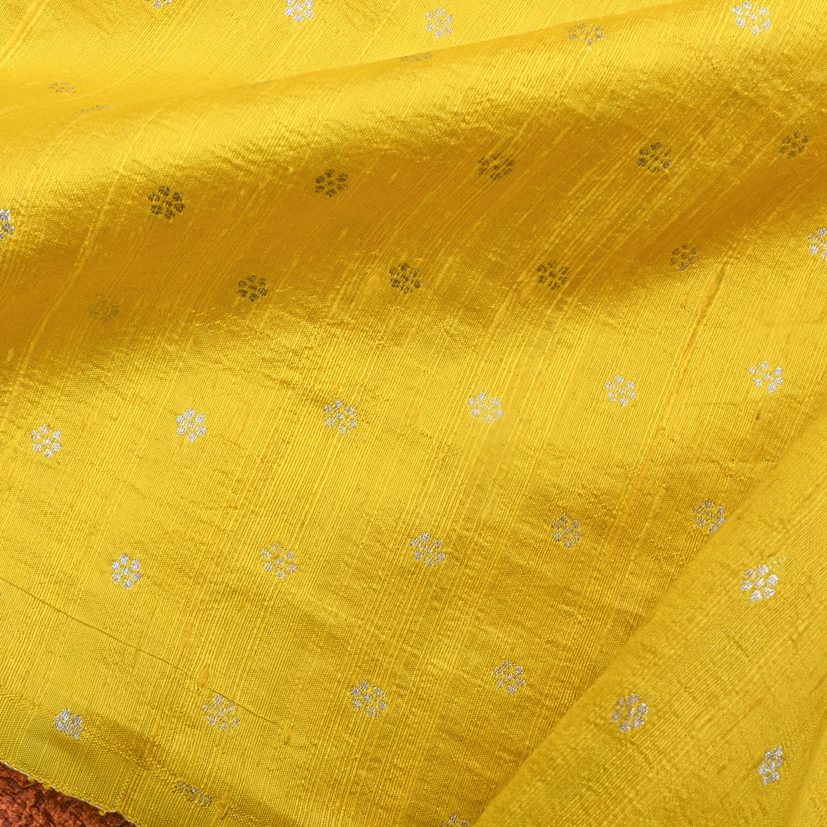 Lemon Yellow Silver Zari Floral Butti Jamawar Silk Fabric