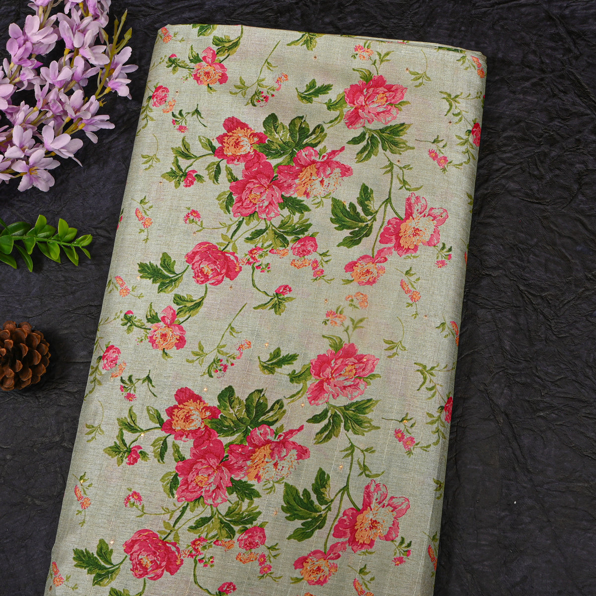 Sage Rose Floral Print Tussar Silk Fabric
