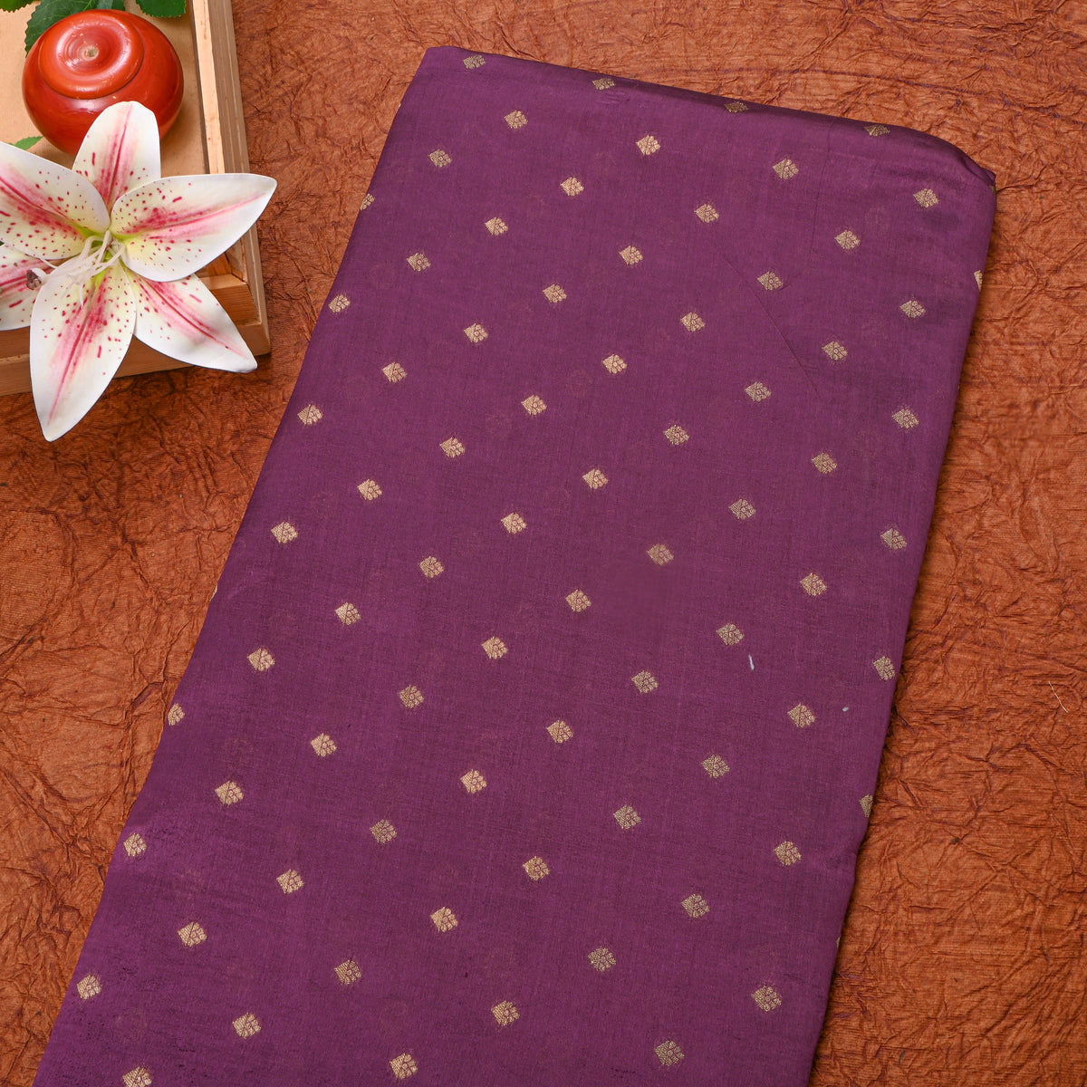 Plum Gold Butti Self Weave Jamawar Silk Fabric