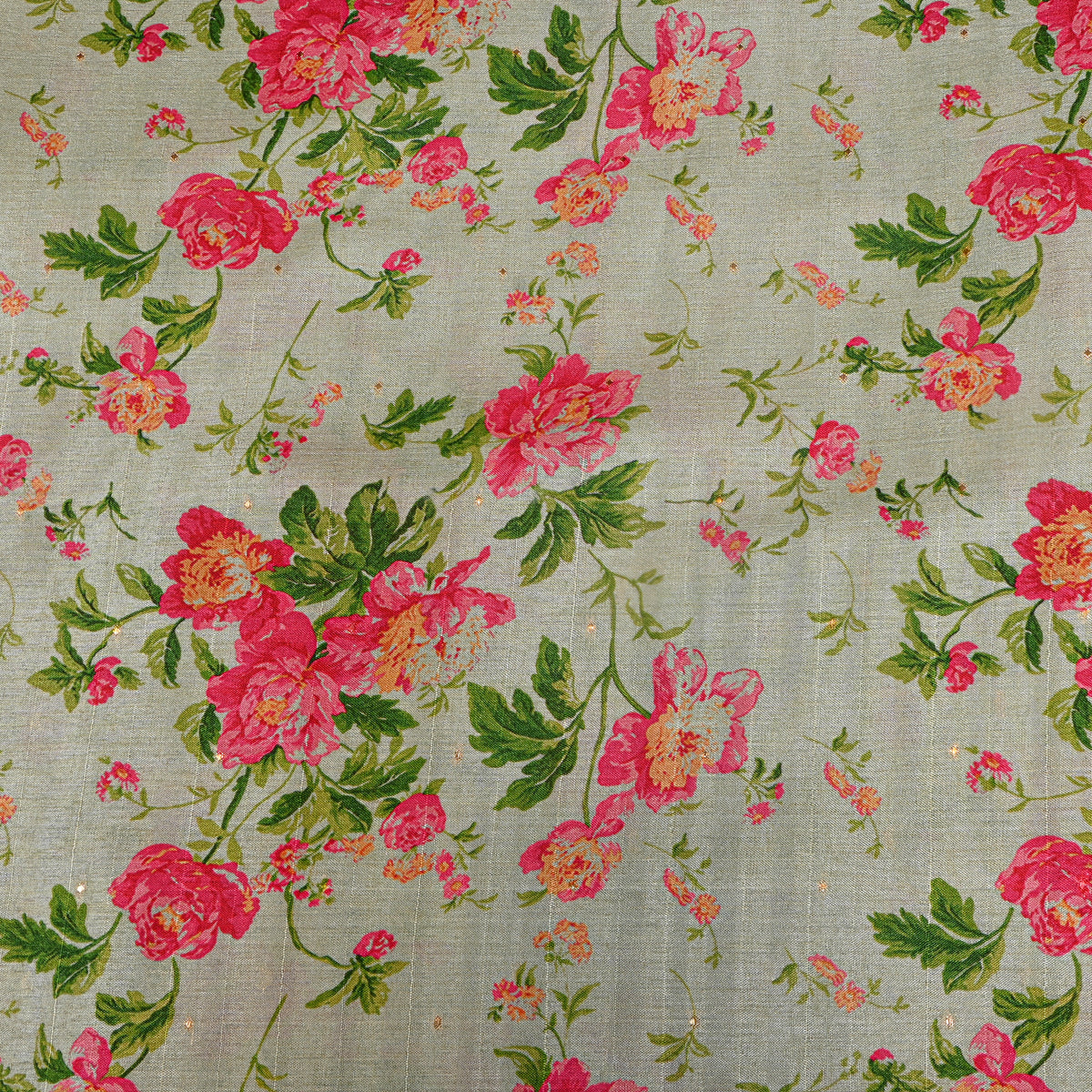 Sage Rose Floral Print Tussar Silk Fabric