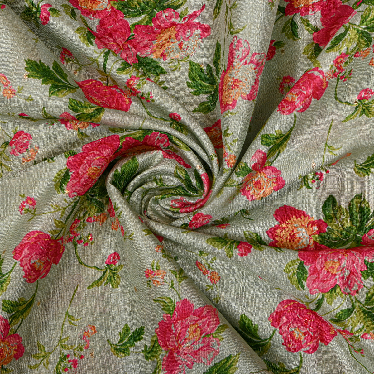 Sage Rose Floral Print Tussar Silk Fabric