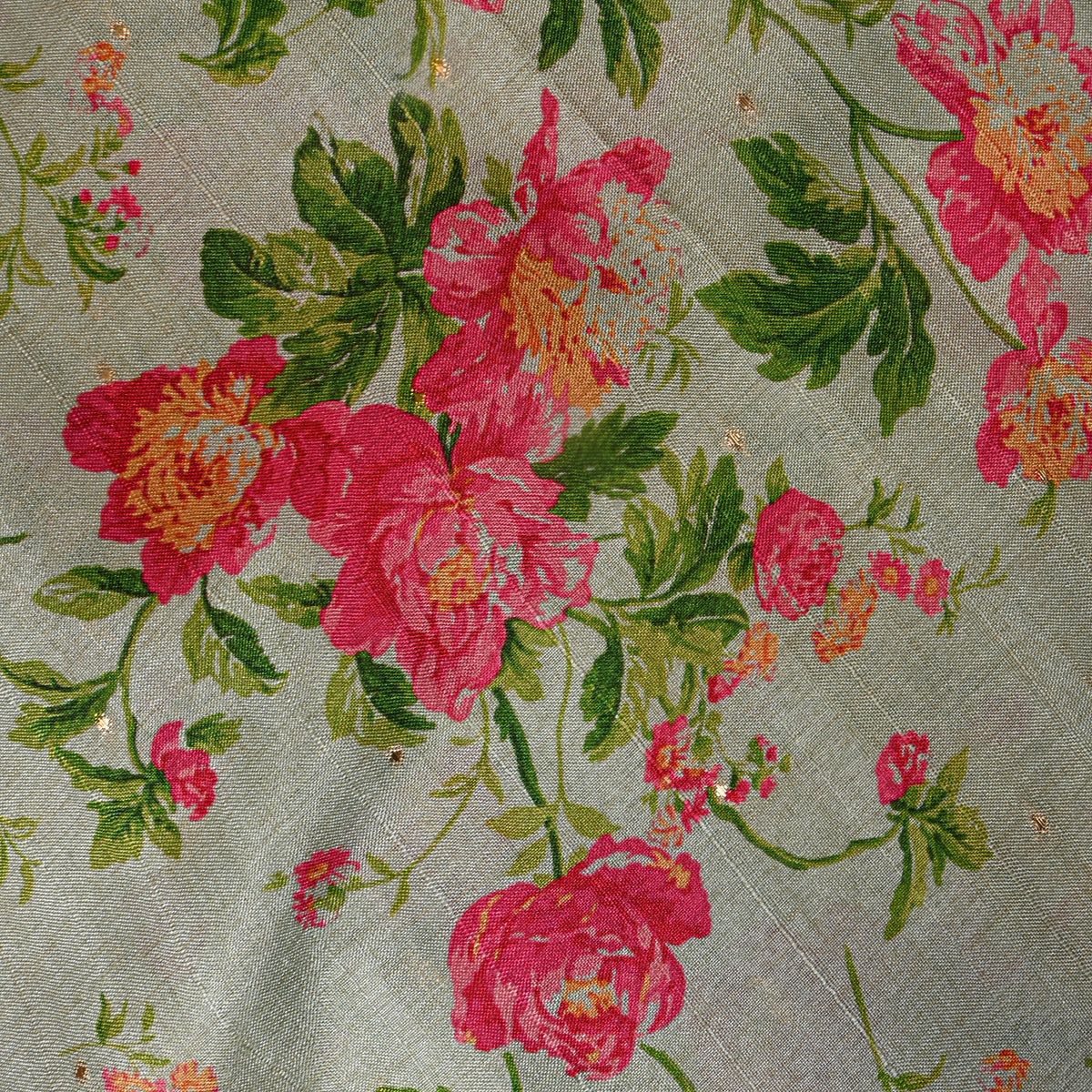 Sage Rose Floral Print Tussar Silk Fabric