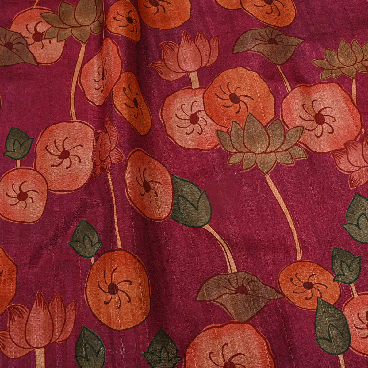 Mulberry Wine Lotus Bud Kalamkari Pen Digital Print Dupion Silk Fabric