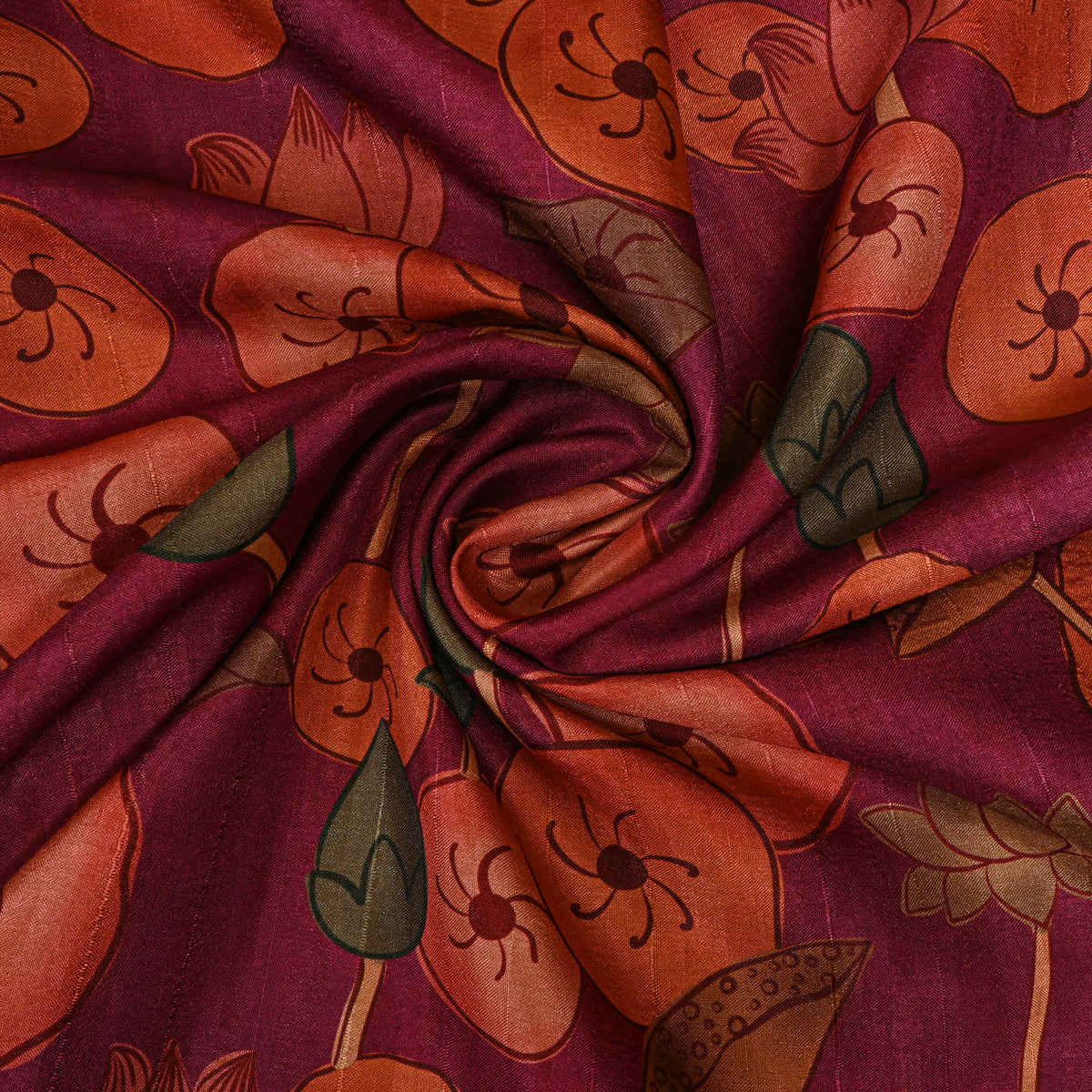 Mulberry Wine Lotus Bud Kalamkari Pen Digital Print Dupion Silk Fabric