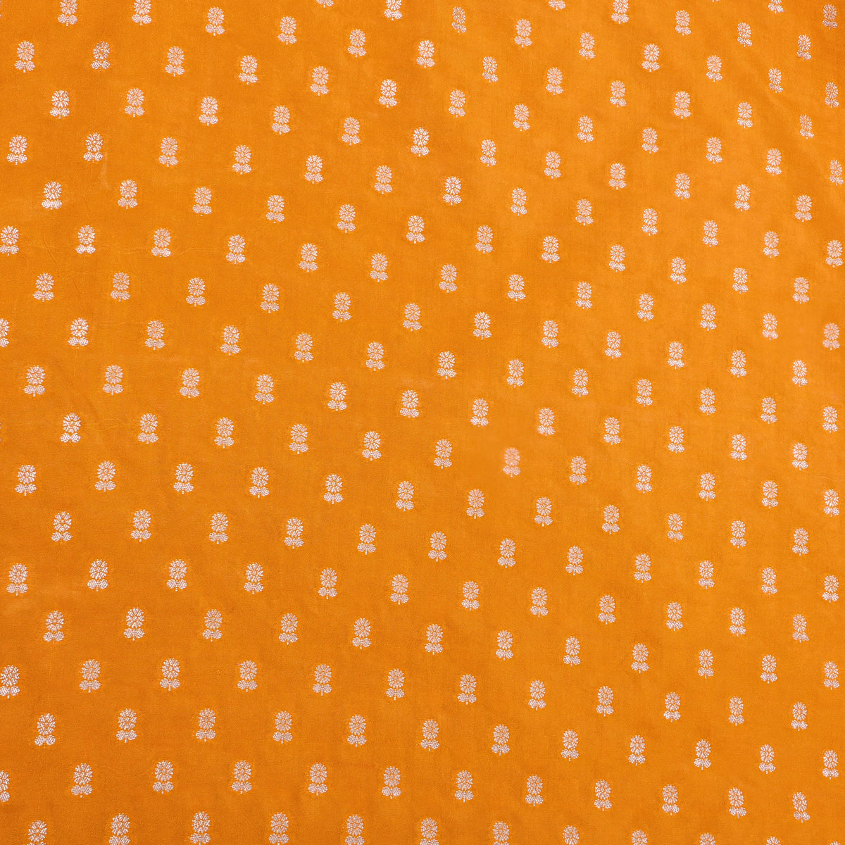 Sun Orange With Silver Zari Floral Butti Banasari Silk Fabric