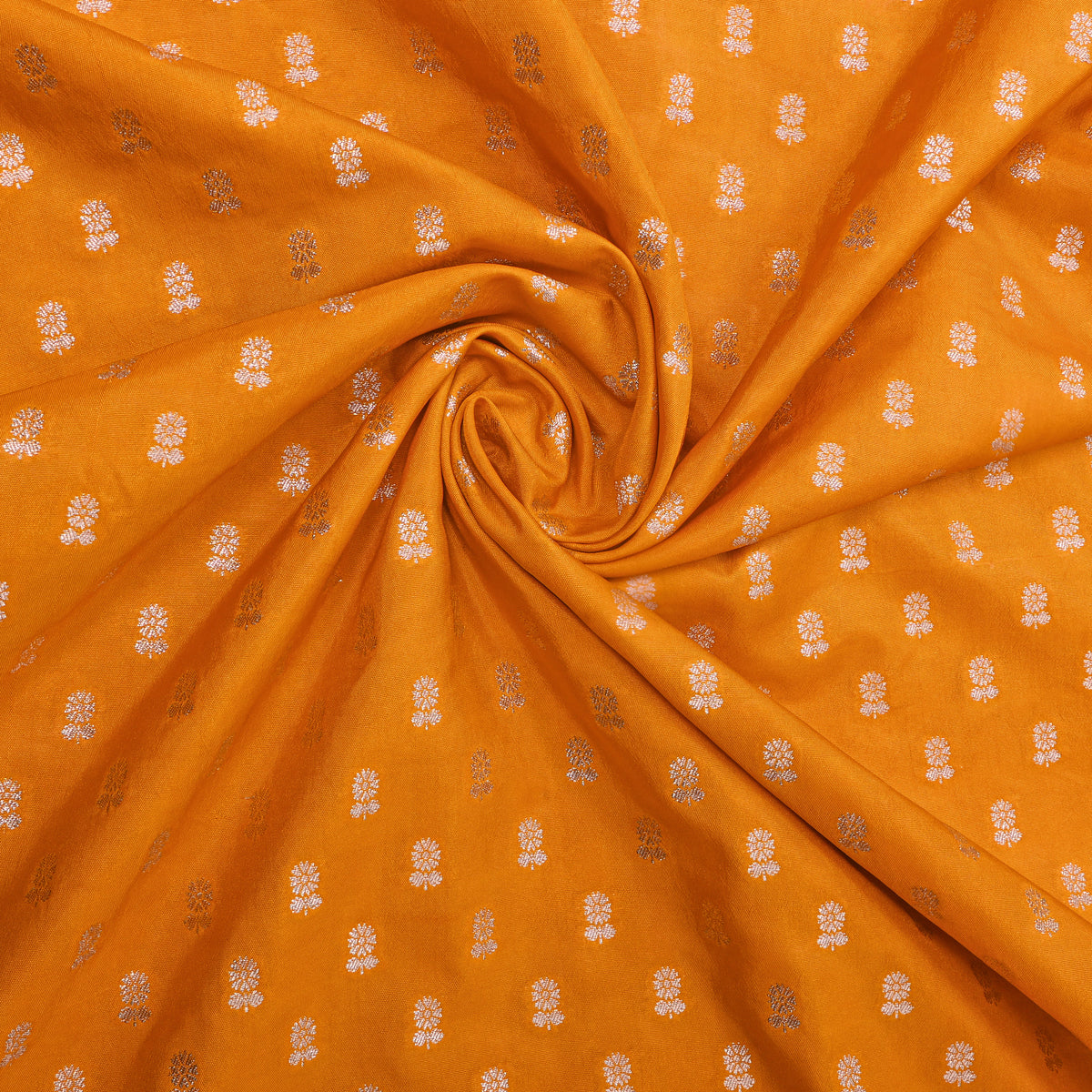 Sun Orange With Silver Zari Floral Butti Banasari Silk Fabric