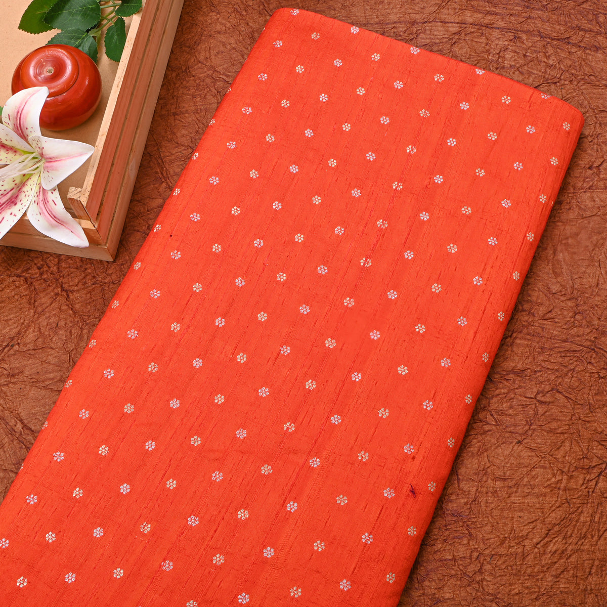 Persimmon Silver Zari Floral Butti Jamawar Silk Fabric
