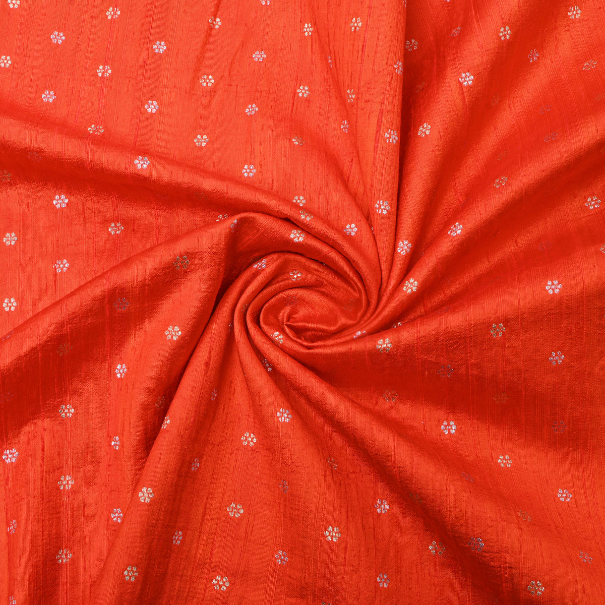 Persimmon Silver Zari Floral Butti Jamawar Silk Fabric
