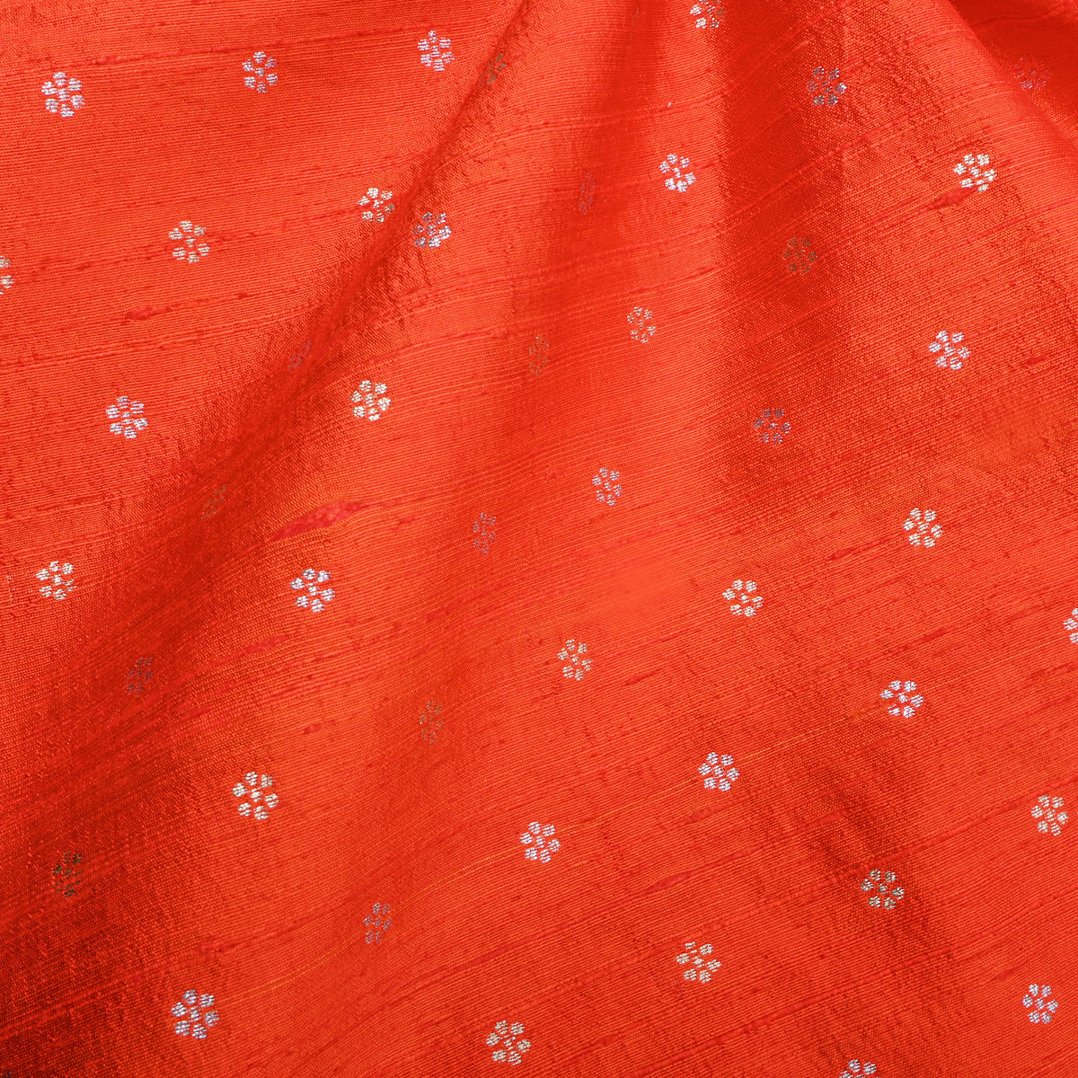 Persimmon Silver Zari Floral Butti Jamawar Silk Fabric