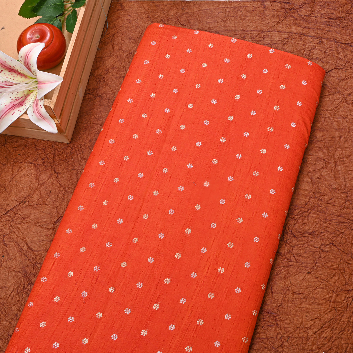 Tangerine Silver Zari Floral Butti Jamawar Silk Fabric