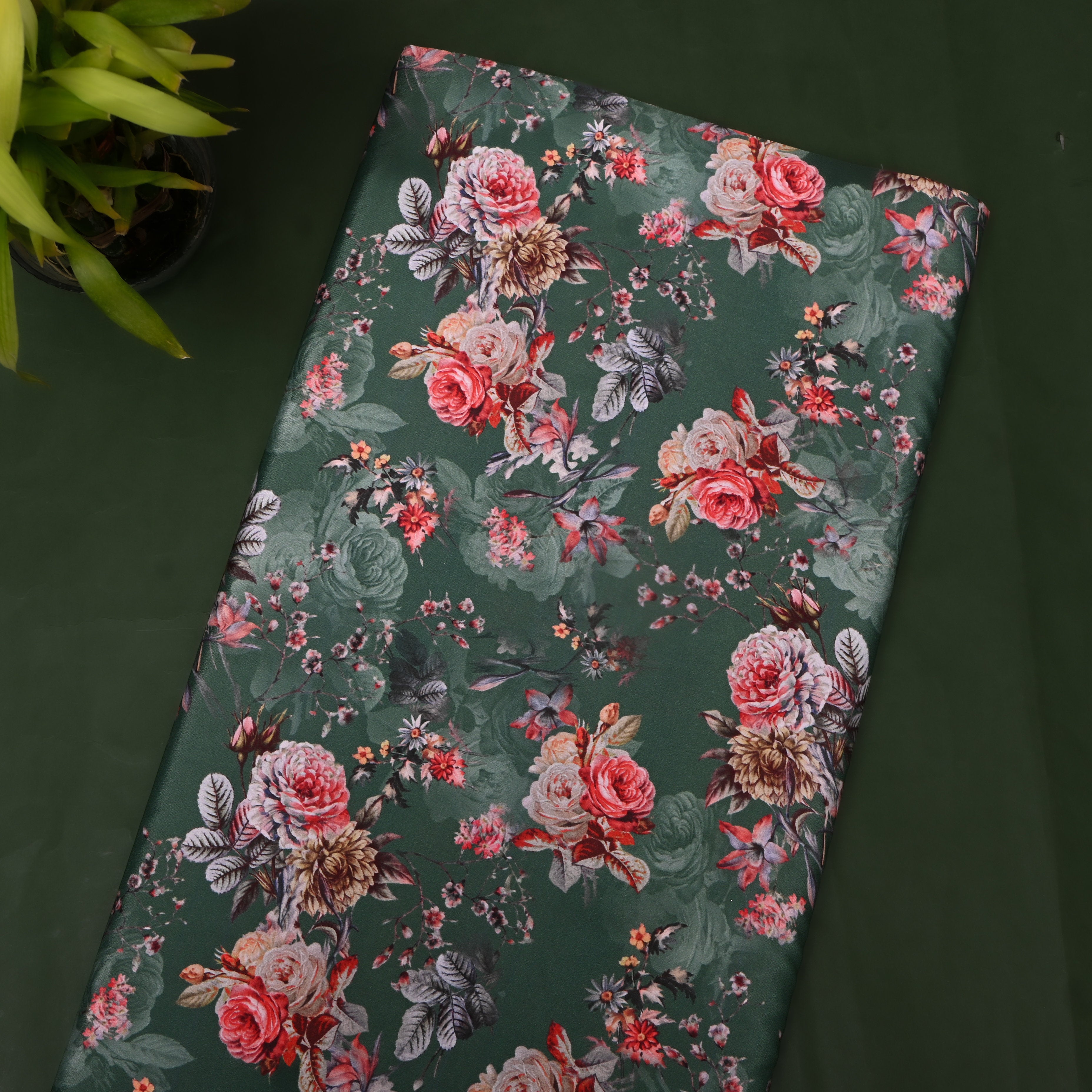 Pine Green Printed Floral Silk Fabric
