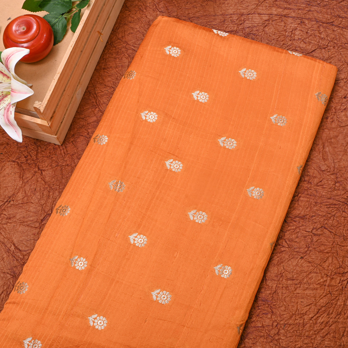 Bright Orange Dual Zari Floral Butti Jamawar Silk Fabric