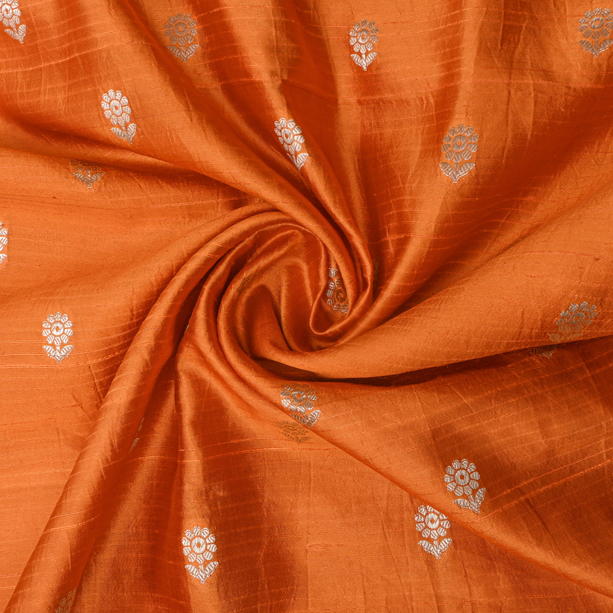 Bright Orange Dual Zari Floral Butti Jamawar Silk Fabric