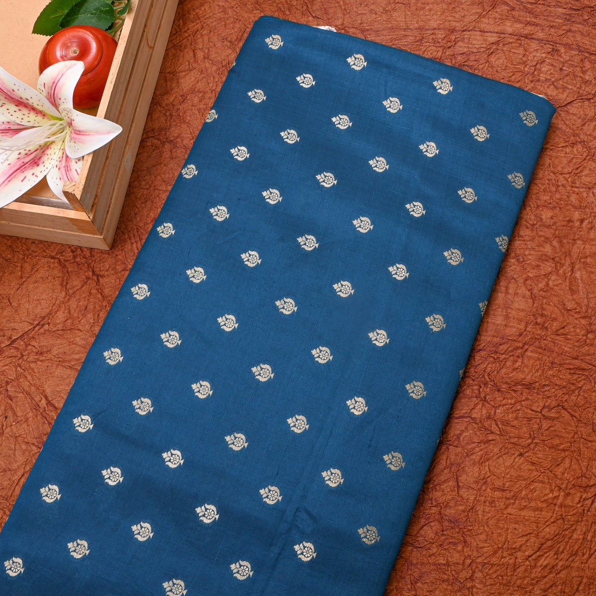 Petrol Blue Gold Zari Vase Butti Banarasi Silk Fabric