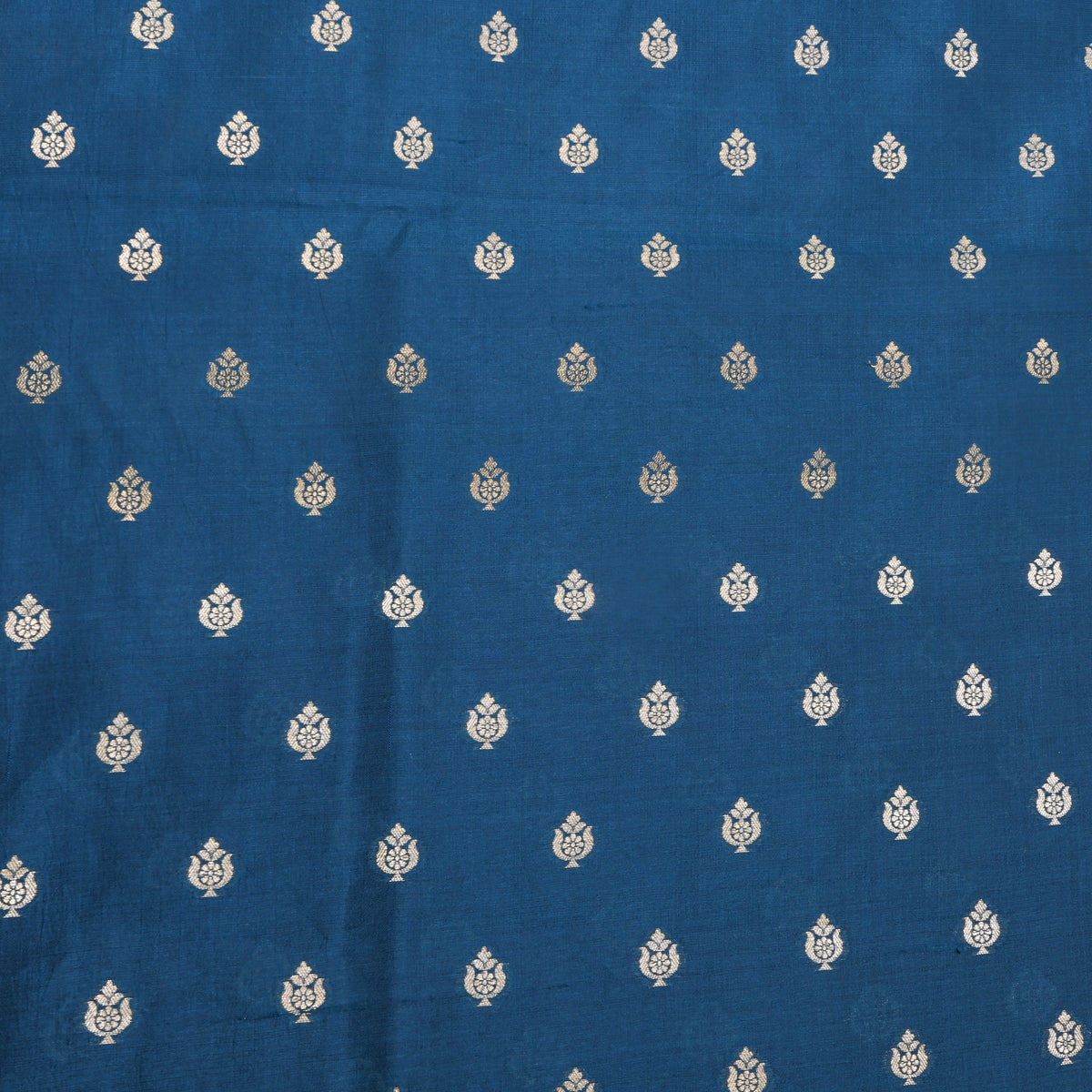 Petrol Blue Gold Zari Vase Butti Banarasi Silk Fabric