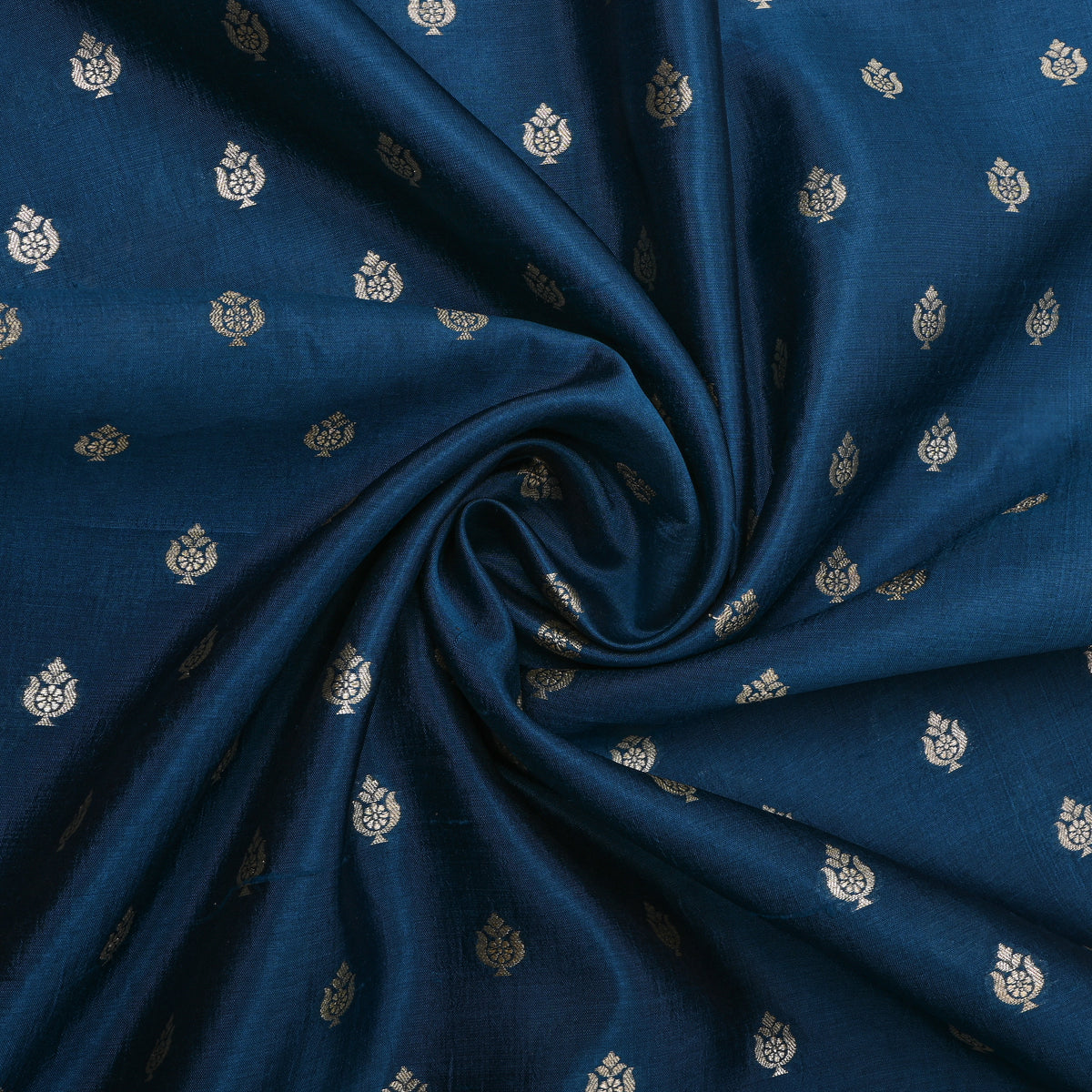 Petrol Blue Gold Zari Vase Butti Banarasi Silk Fabric