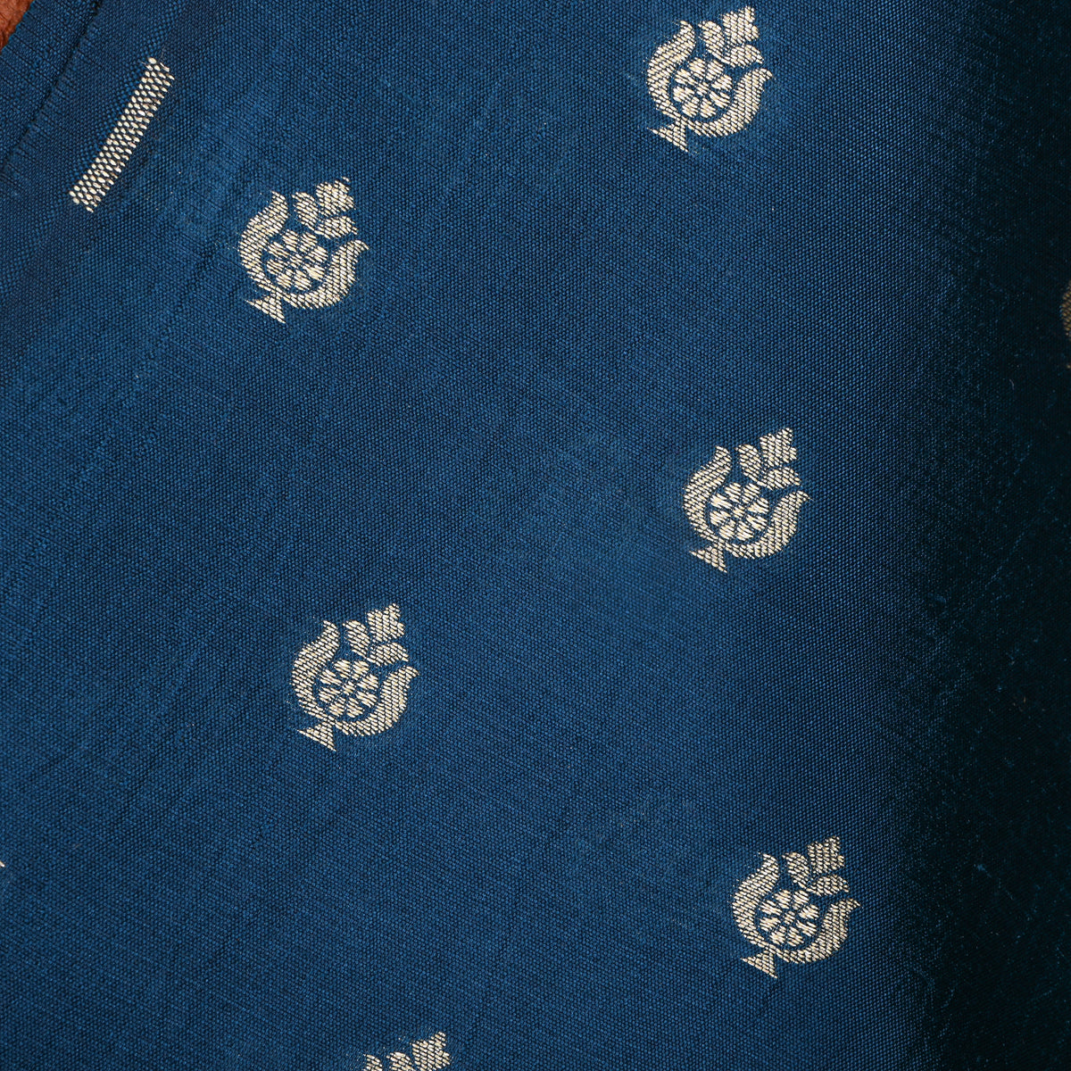 Petrol Blue Gold Zari Vase Butti Banarasi Silk Fabric