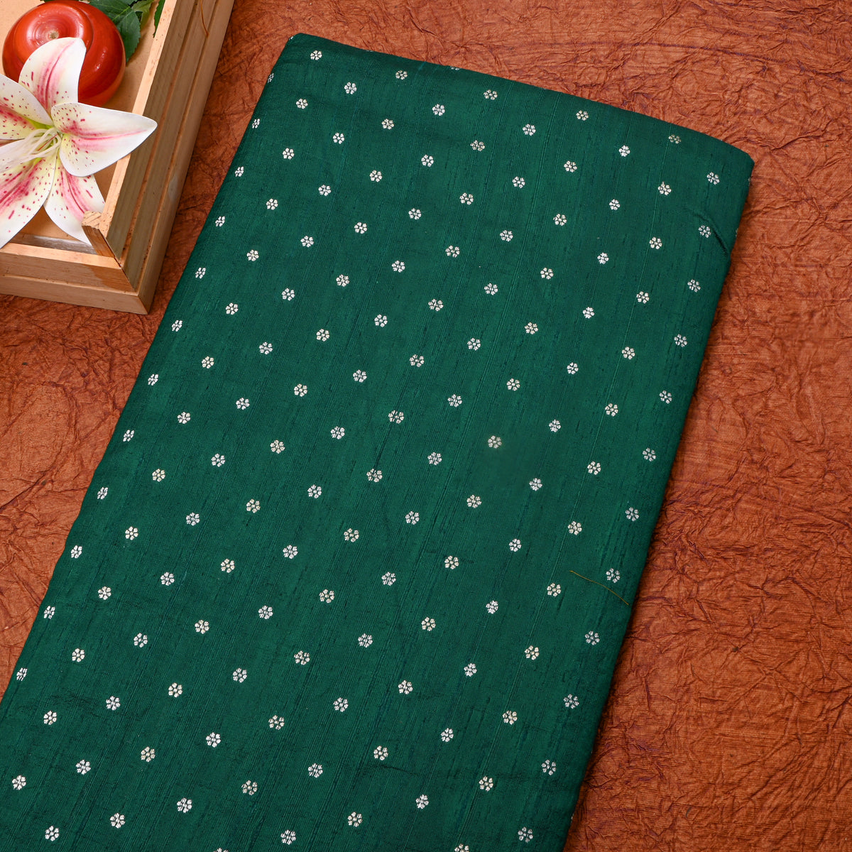 Bottle Green Silver Zari Floral Butti Jamawar Silk Fabric
