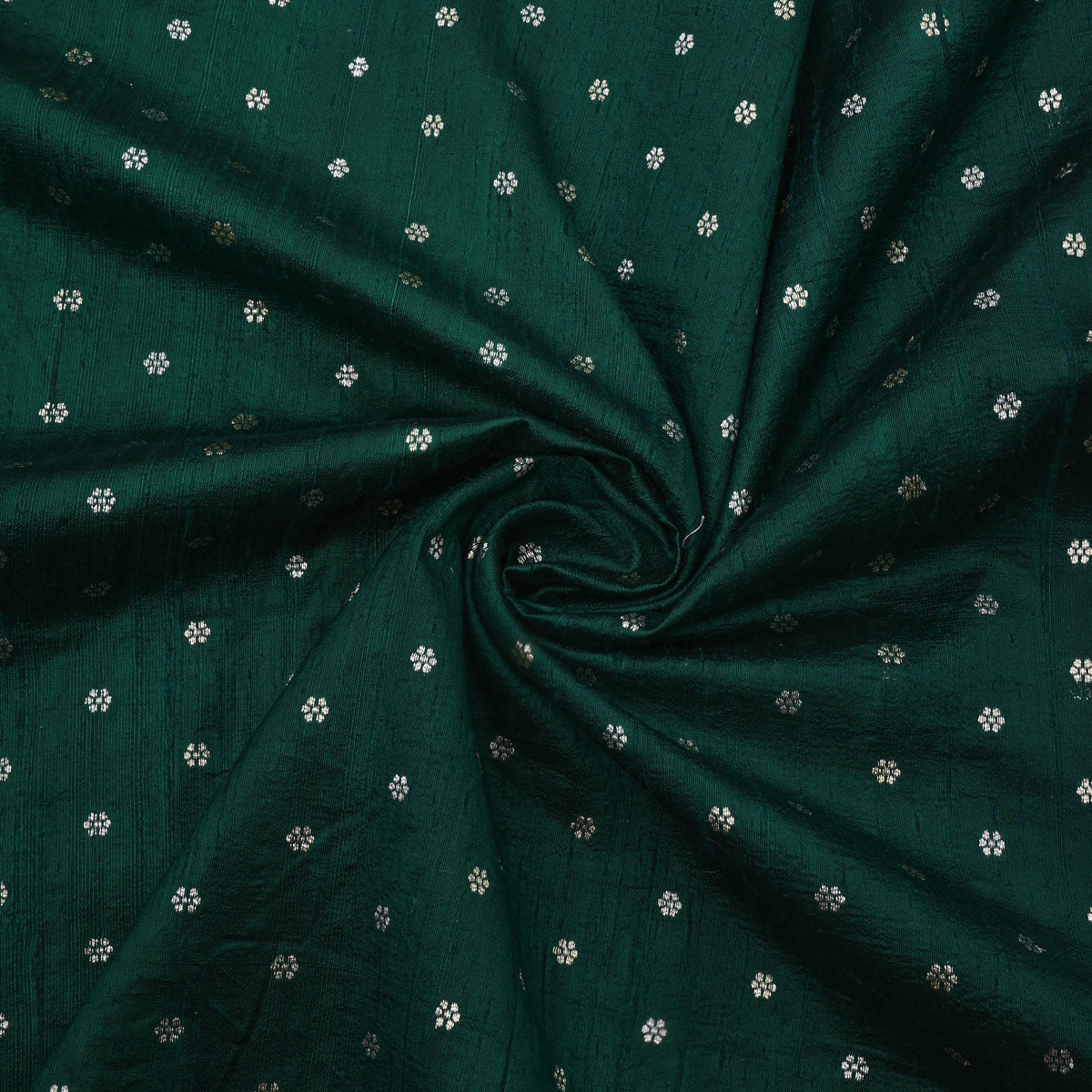 Bottle Green Silver Zari Floral Butti Jamawar Silk Fabric