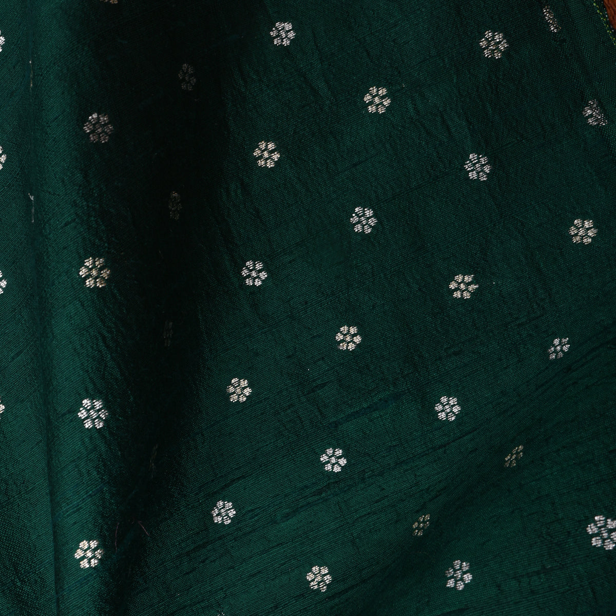 Bottle Green Silver Zari Floral Butti Jamawar Silk Fabric