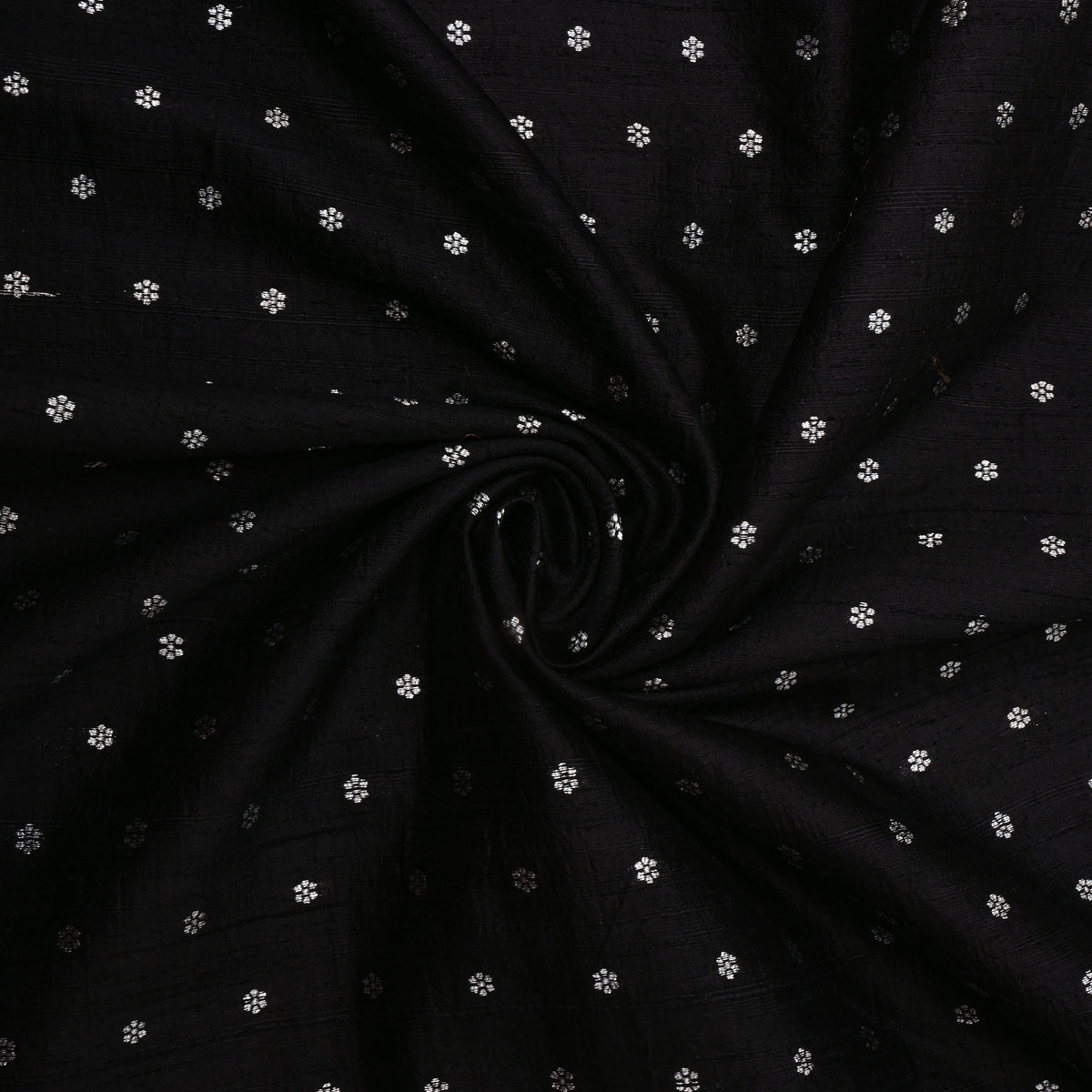 Onyx Silver Zari Floral Butti Jamawar Silk Fabric