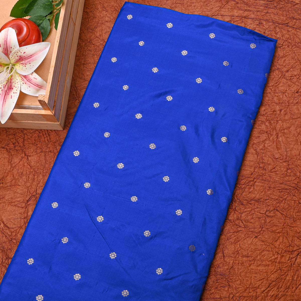 Cobalt Blue Gold Zari Butti Self Weave Jamawar Silk Fabric