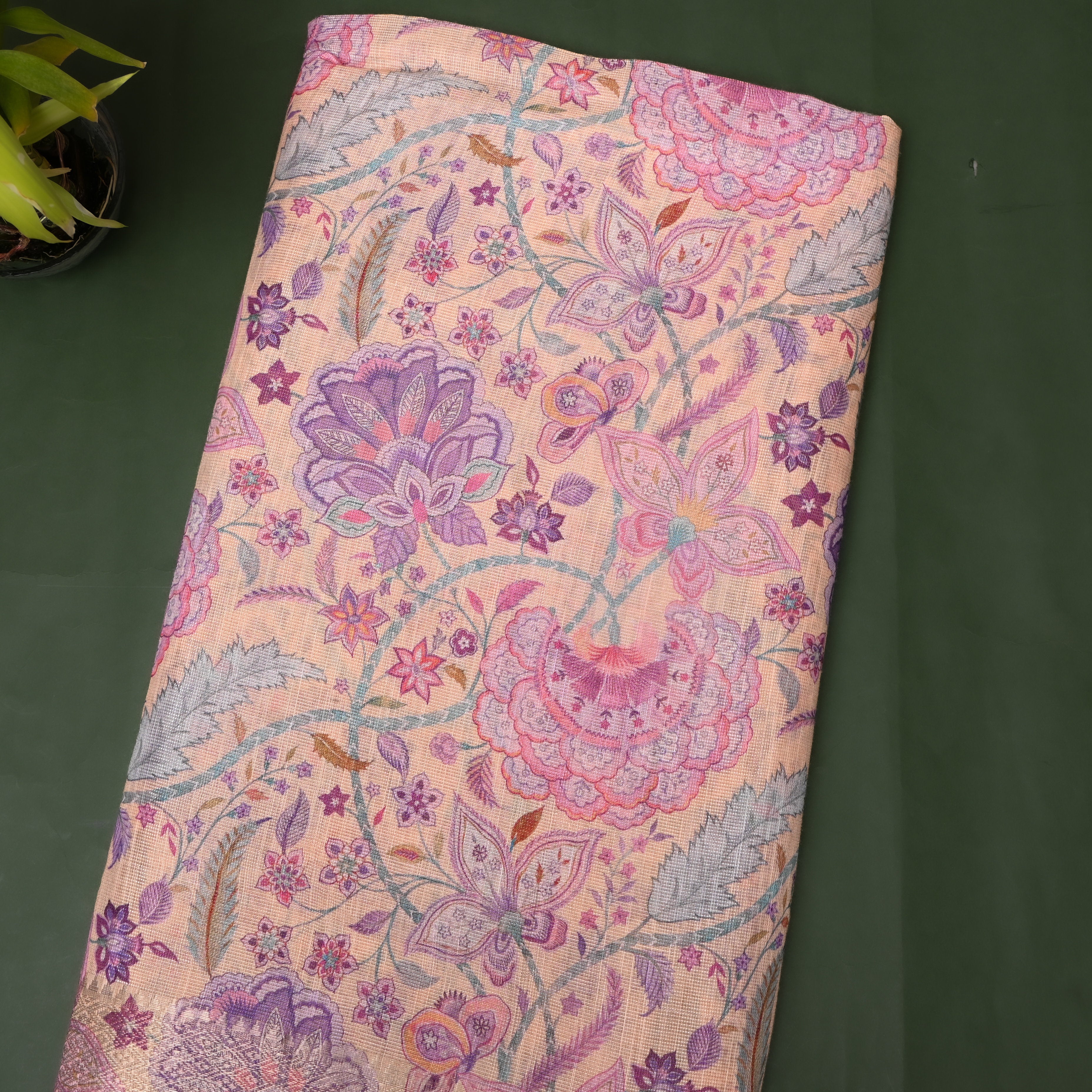 Peach Lilac Floral Vine Print Cotton Fabric