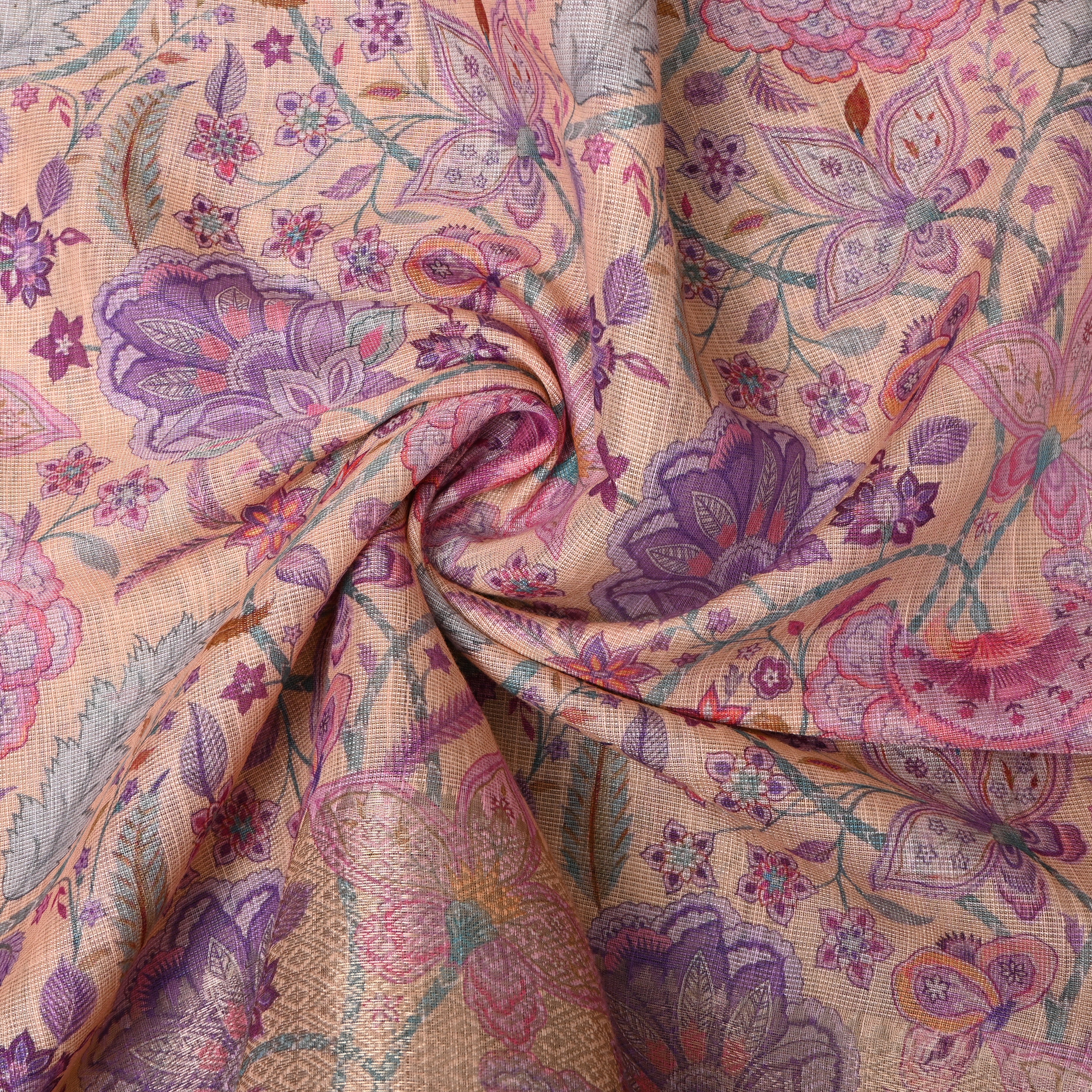 Peach Lilac Floral Vine Print Cotton Fabric