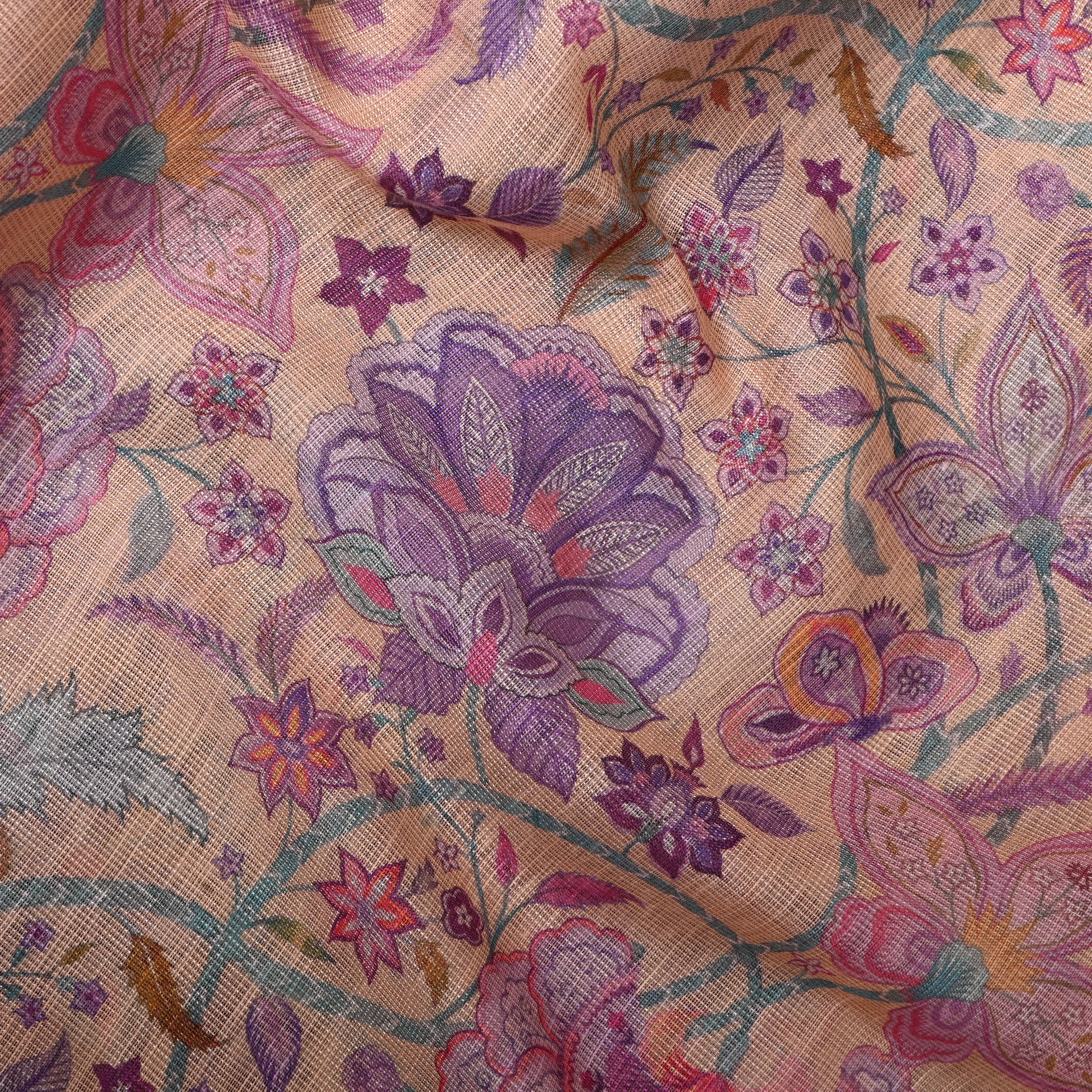 Peach Lilac Floral Vine Print Cotton Fabric