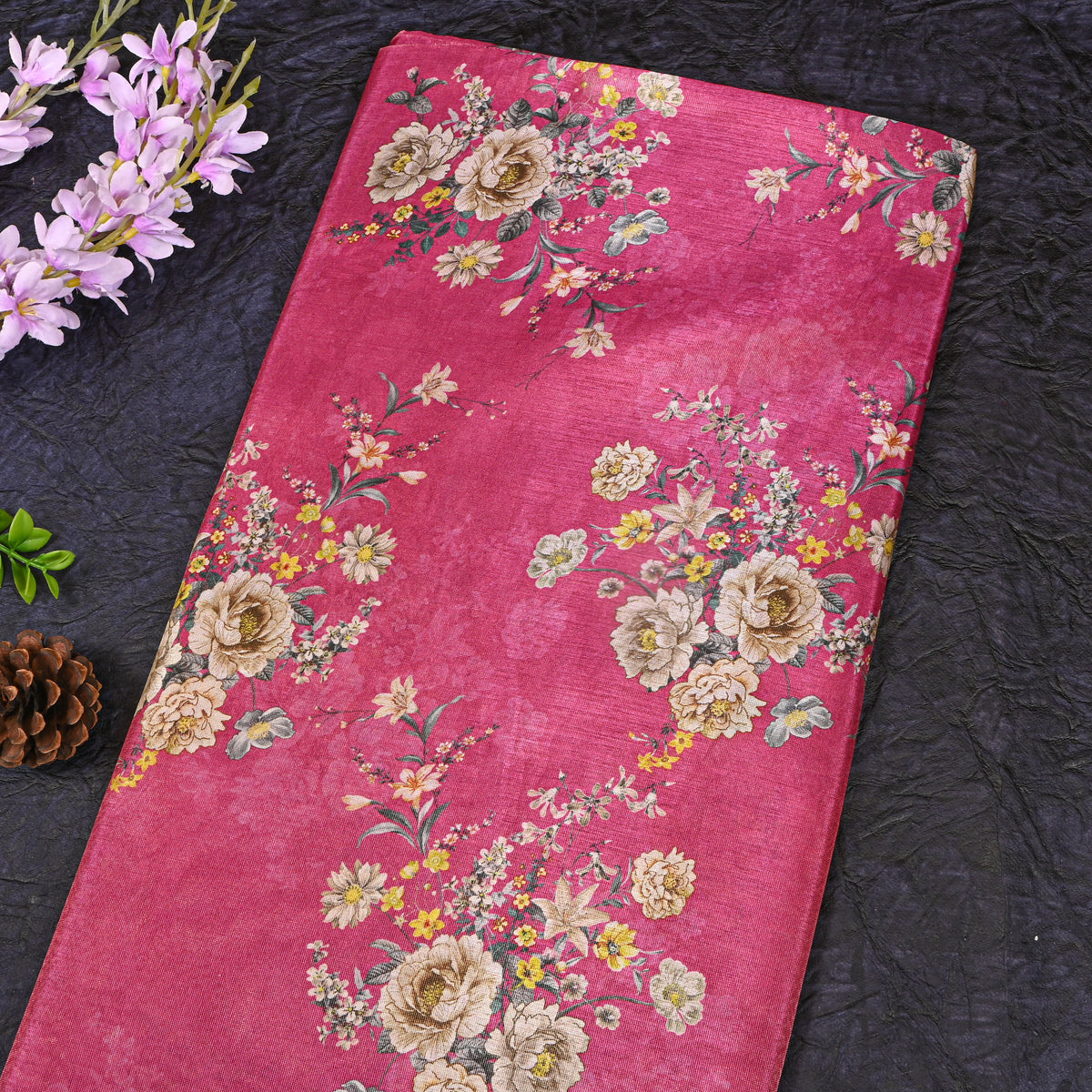Magenta Pink Floral Spray Tissue Fabric With Gold Border