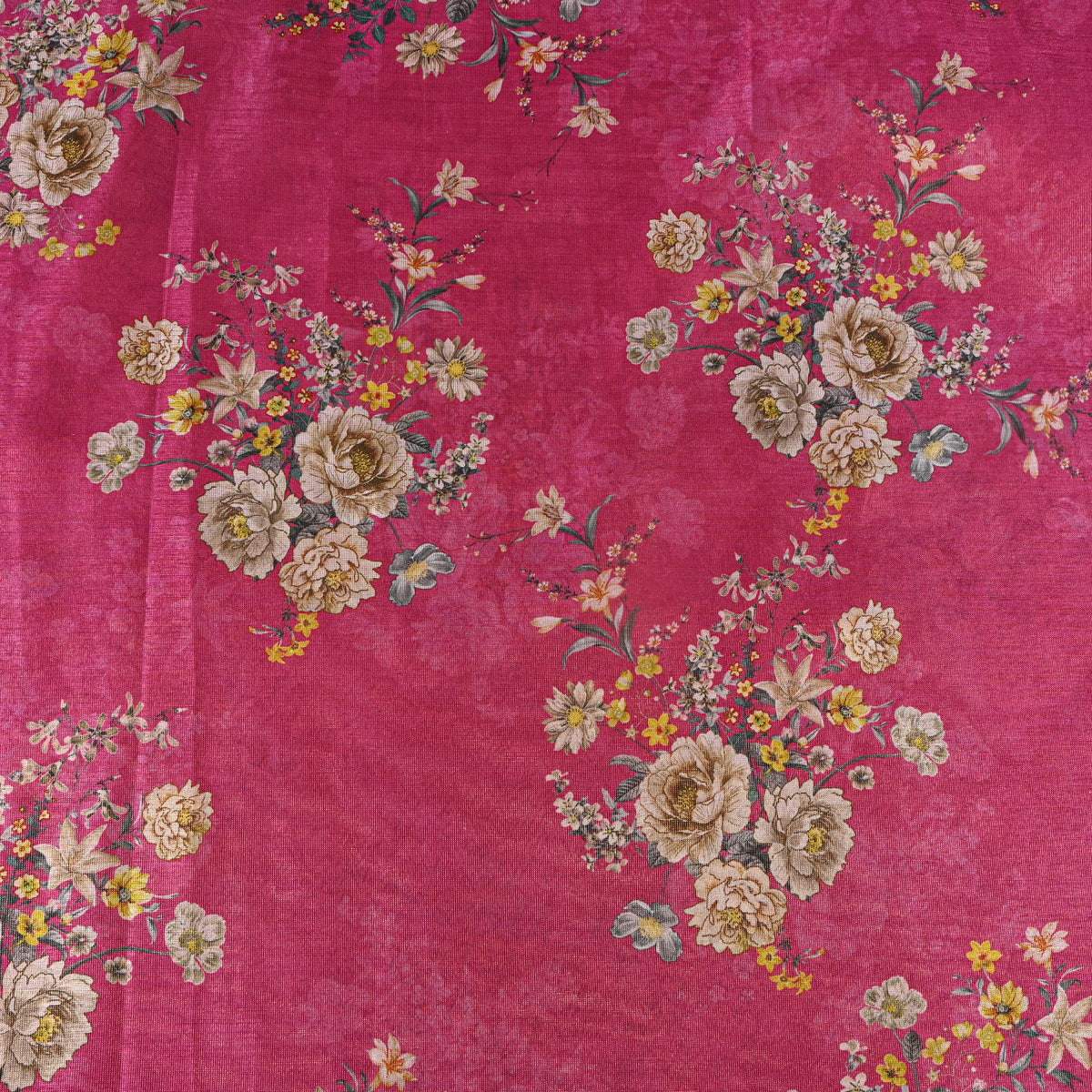 Magenta Pink Floral Spray Tissue Fabric With Gold Border