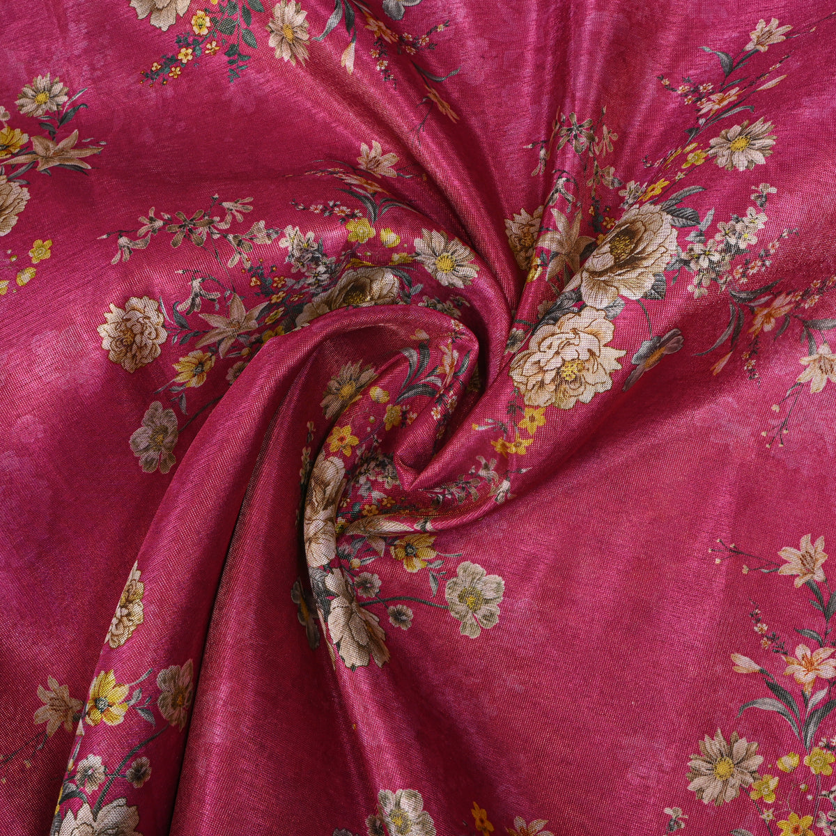 Magenta Pink Floral Spray Tissue Fabric With Gold Border
