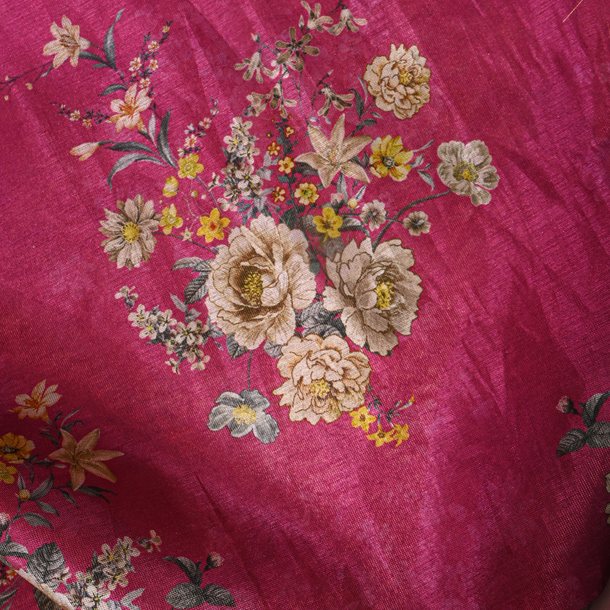 Magenta Pink Floral Spray Tissue Fabric With Gold Border