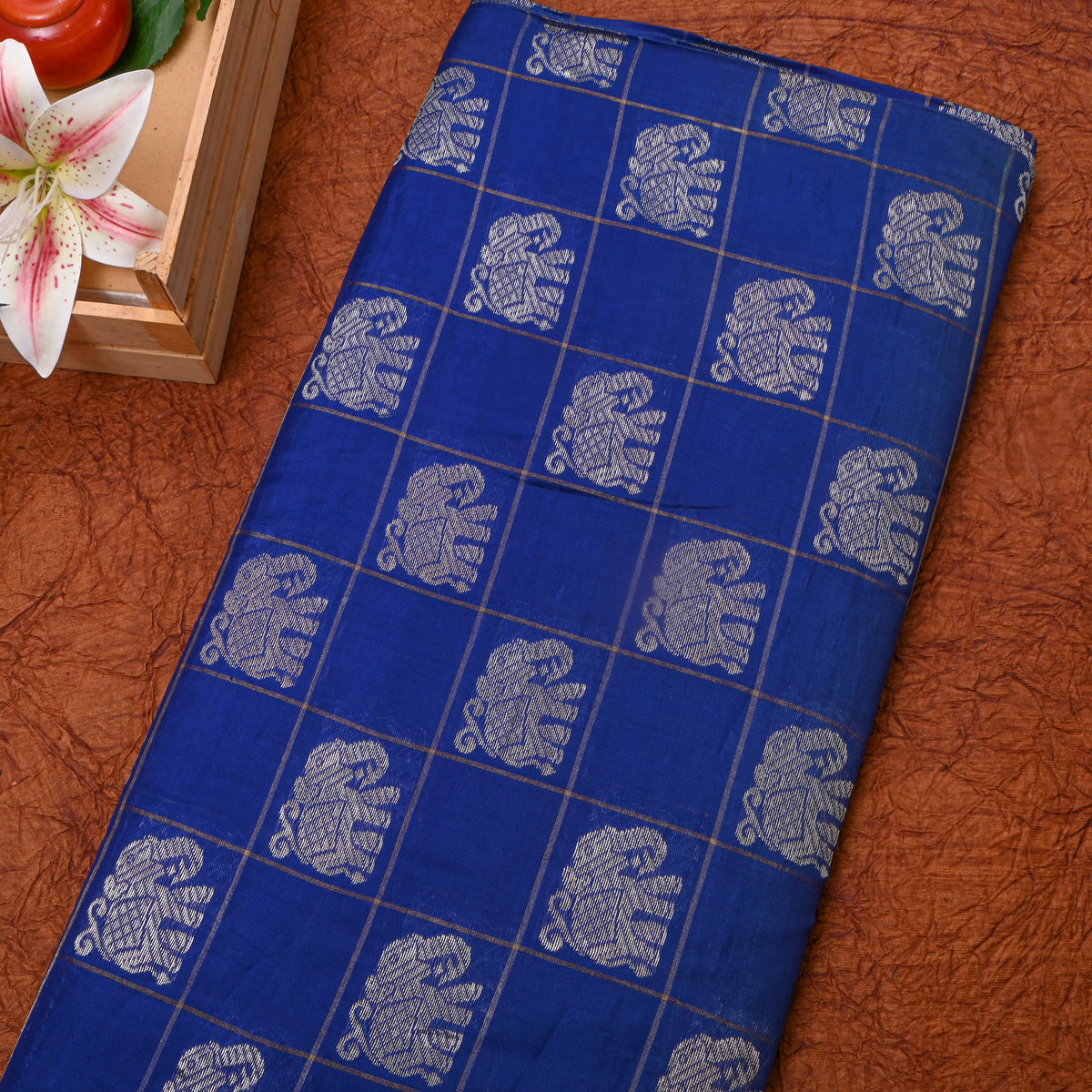 Cobalt Blue Silver Elephant Check Self Weave  Banarasi Silk Fabric