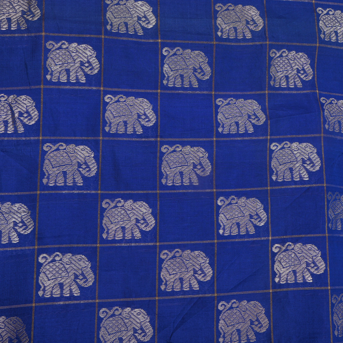 Cobalt Blue Silver Elephant Check Self Weave  Banarasi Silk Fabric