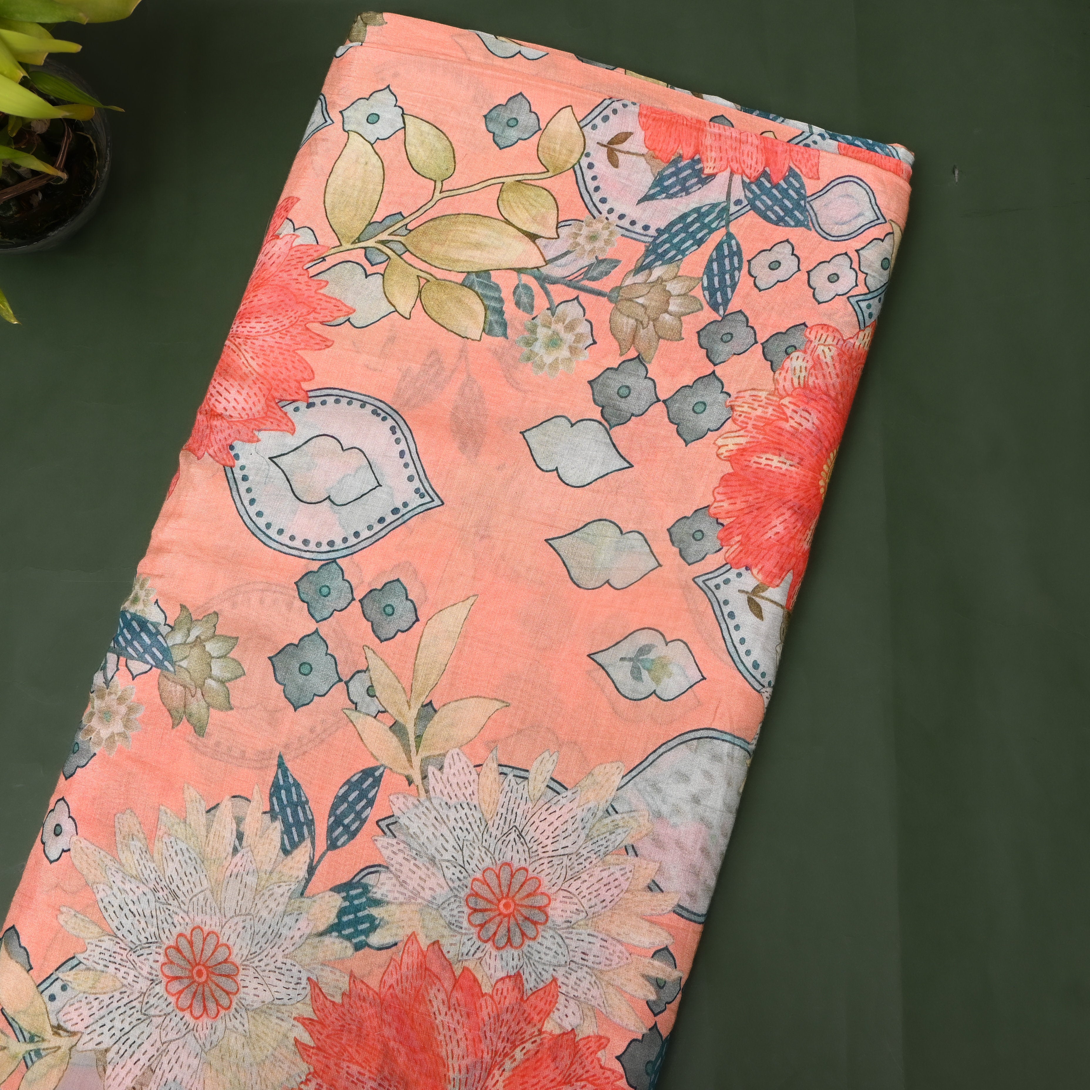 Peach Coral Floral Motif Digital Print Soft Silk