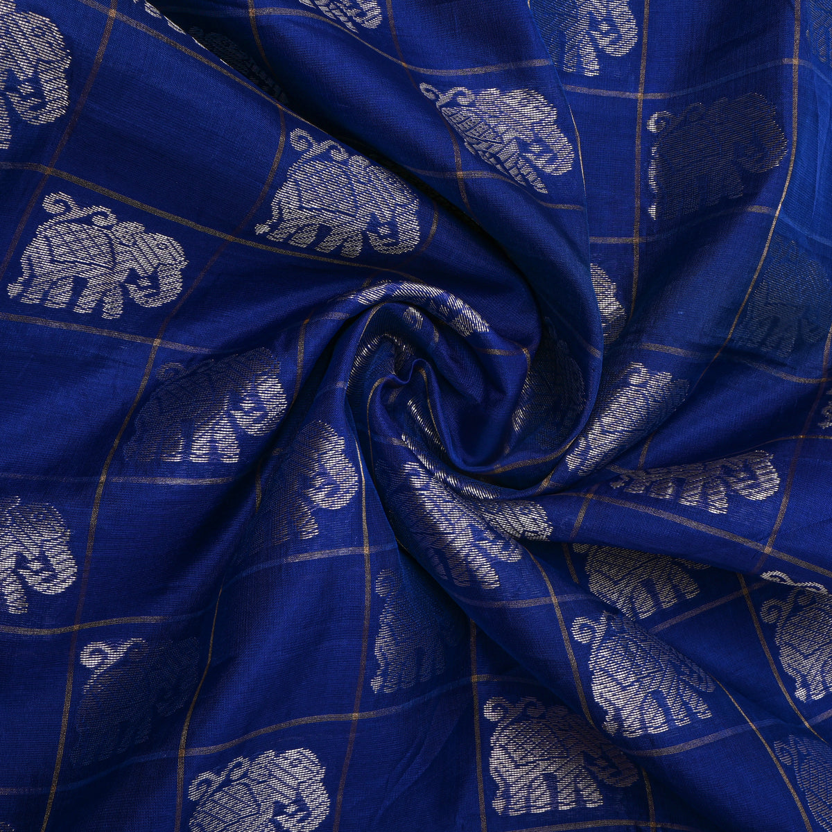 Cobalt Blue Silver Elephant Check Self Weave  Banarasi Silk Fabric