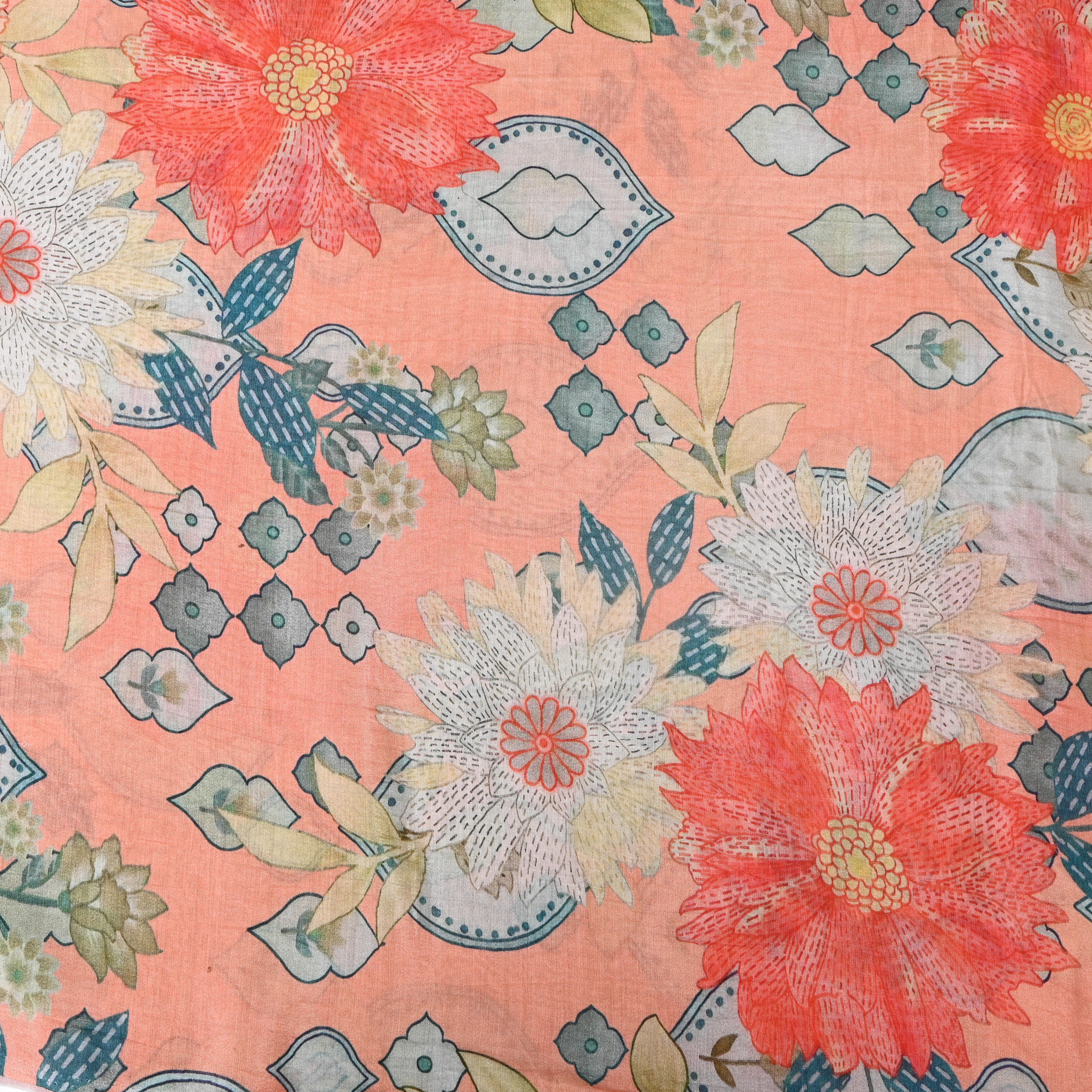 Peach Coral Floral Motif Digital Print Soft Silk