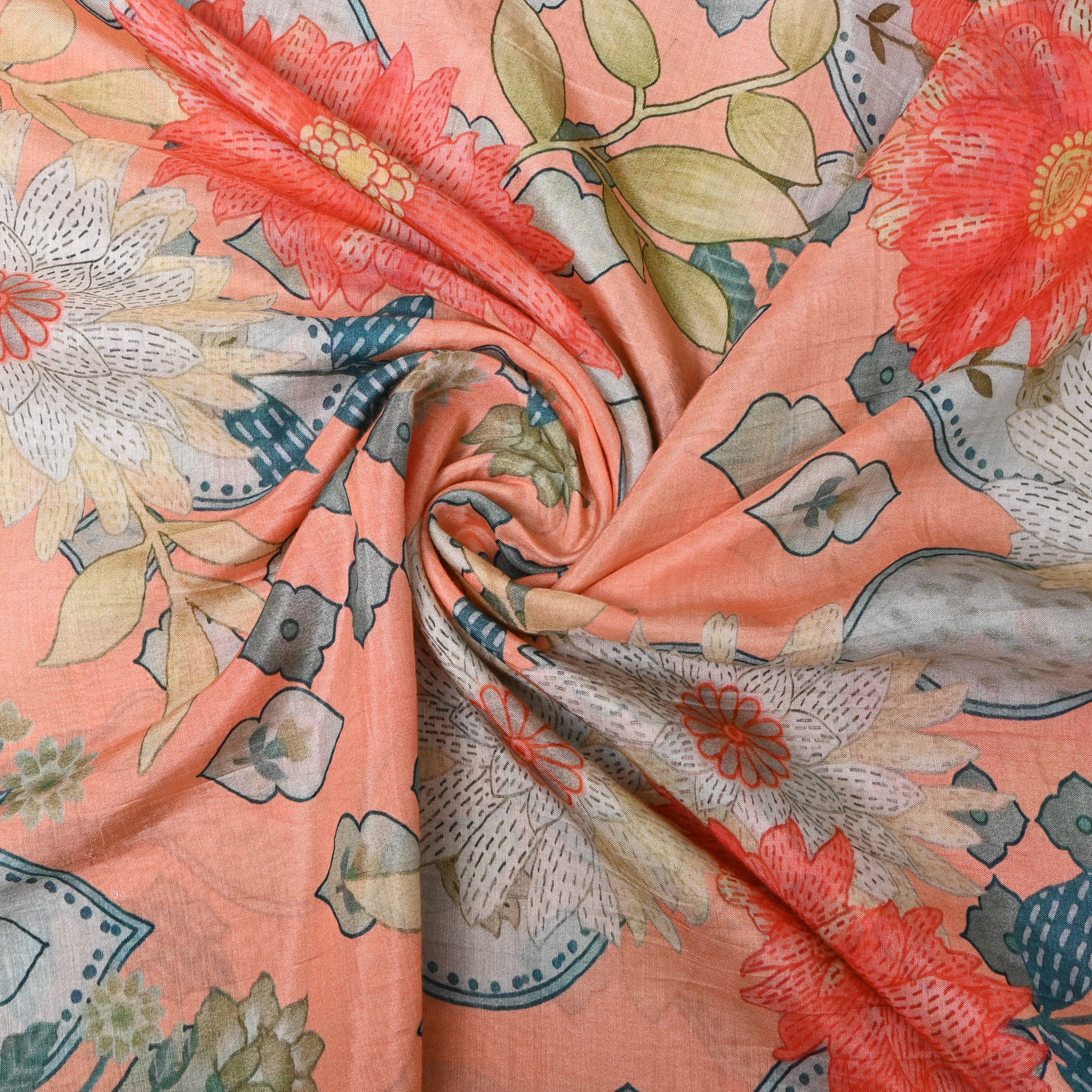 Peach Coral Floral Motif Digital Print Soft Silk