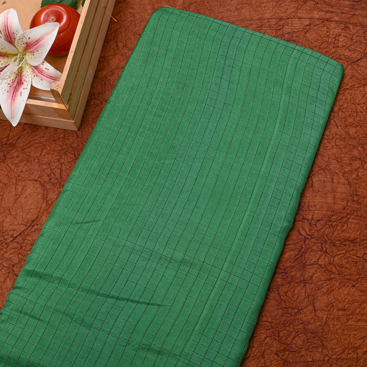 Green Gold Zari Checks Silk Fabric