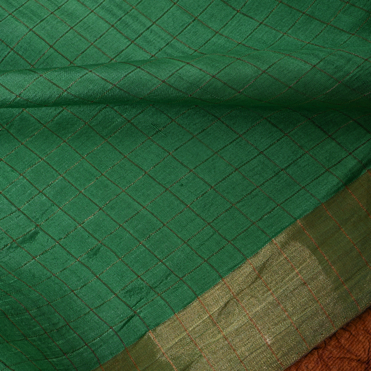 Green Gold Zari Checks Silk Fabric